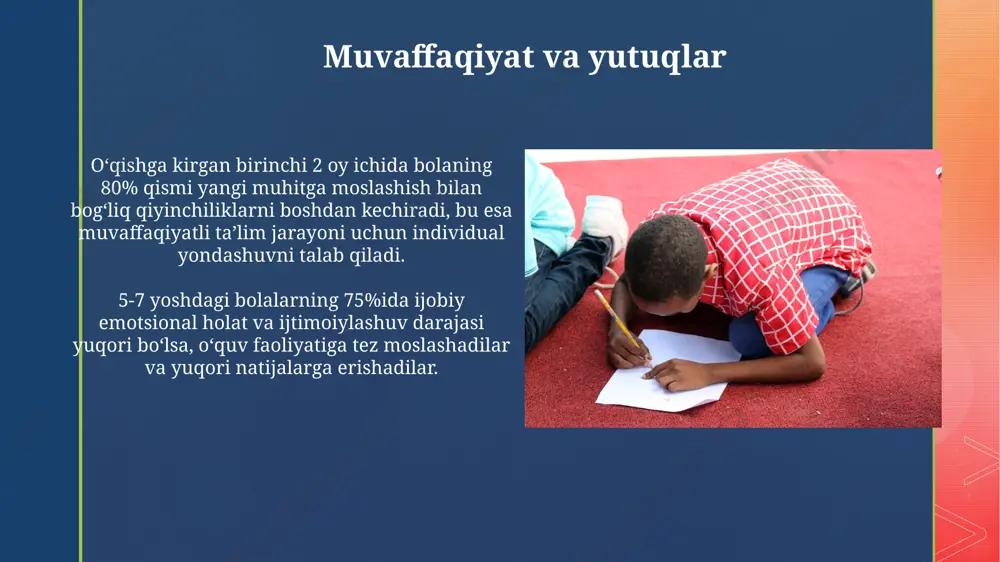 rga, o'qituvchining yondashuvi ham muhim rol o'ynaydi. maktabga kirishning dastlabki 2-3 haftasi davomida bolaning asosiy moslashuv mexanizmlari – o'yin orqali ijtimoiy aloqalarni o'rnatish va yangi muhitga ko'nikish kuzatiladi, bu davrda 70% bolalarda tashvish belgilarini kuzatish mumkin. xavotir va qo'rquvlarni boshqarish maktabga borishdan qo'rqishning eng keng tarqalgan sabablari orasida, yangi muhitga moslashish qiyinchiliklari (taxminan 40%), ajralish qo'rquvi (taxminan 30%) va o'qituvchilar bilan munosabatlar mavjud. bolalarning xavotir va qo'rquvini boshqarishda, o'yin terapiyasi, 3-5 yoshli bolalar uchun samarali bo'lib, ijtimoiy ko'nikmalarni rivojlantirishga yordam beradi. ota-onalarning roli bolani maktabga tayyorlash jarayonida ota-onalar tomonidan amalga oshiriladigan 5 ta asosiy qadam: ijtimoiy ko'nikmalarni rivojlantirish, mustaqillikni oshirish, maktabga bo'lgan qiziqishni uyg'otish, uy vazifalarini bajarishga o'rgatish va salbiy tajribalardan himoya qilish. ota-onalarning muloqoti va bolaning o'qituvchilari bilan faol hamkorligi, bolaning maktabdagi muvaffaqiyat darajasi va ijtimoiy moslashuviga 70% gacha ta'sir ko'rsatishi mumkin. sinfdoshlar bilan o'zaro munosabatlar bolalar orasidagi o'zaro munosabatlar dinamikasi, taxminan 5-7 yosh oralig'ida, ya'ni birinchi sinflarda, kurash …