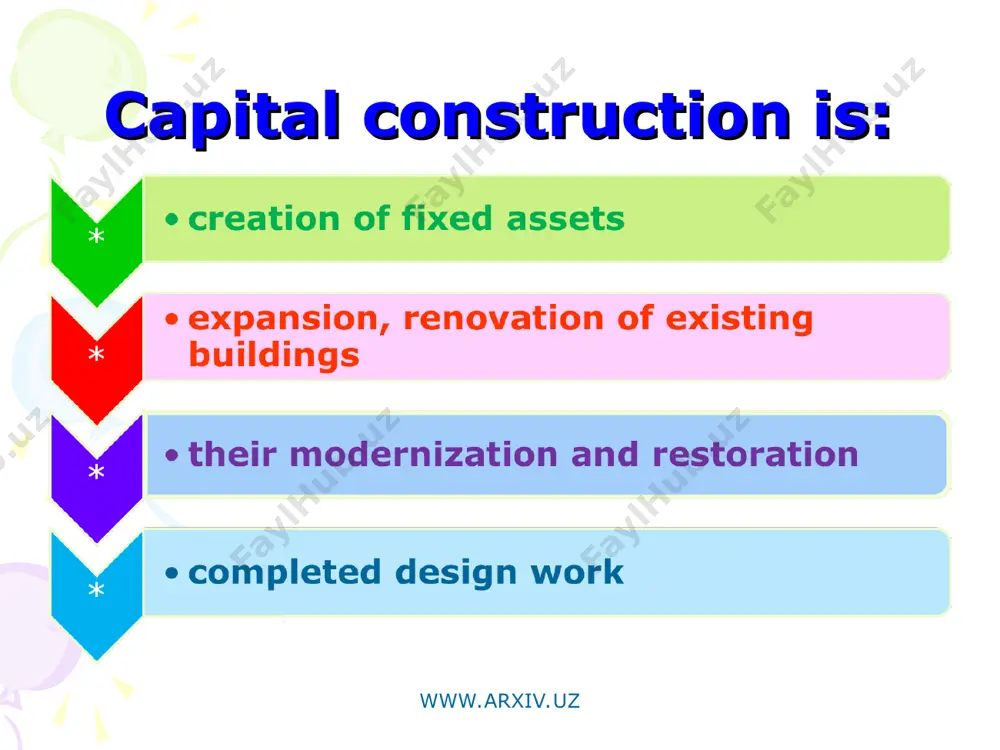 e contractor, but in the case of centralized funding sources (state budget, local budgets, extra-budgetary funds, etc.) financing scheme is mandatory for all participants in the construction project form (see table 1). authorized bodies who produced the current financing - а) sources of state budget – ministry of finance of the republic of uzbekistan, ministry of finance of the republic of karakalpakistan, departments of finance of regions and tashkent city; б) sources of state special purposed funds (except extra budgetary pension fund) – possessors of these funds; в) other sources by decrees of government (except foreign investments and loans guaranteed by the government) - possessors of these sources; www.arxiv.uz table 1. the scheme of financing of capital construction, carried out at the expense of centralized sources. www.arxiv.uz stages activity dates responsible stage 1 in accordance with the approved investment program customers in due course agree and approve construction projects, targeted …