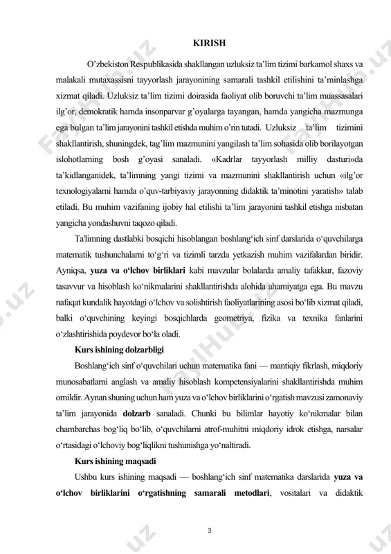 kabi mavzular bolalarda amaliy tafakkur, fazoviy tasavvur va hisoblash ko‘nikmalarini shakllantirishda alohida ahamiyatga ega. bu mavzu nafaqat kundalik hayotdagi o‘lchov va solishtirish faoliyatlarining asosi bo‘lib xizmat qiladi, balki o‘quvchining keyingi bosqichlarda geometriya, fizika va texnika fanlarini o‘zlashtirishida poydevor bo‘la oladi. kurs ishining dolzarbligi boshlang‘ich sinf o‘quvchilari uchun matematika fani — mantiqiy fikrlash, miqdoriy munosabatlarni anglash va amaliy hisoblash kompetensiyalarini shakllantirishda muhim omildir. aynan shuning uchun ham yuza va o‘lchov birliklarini o‘rgatish mavzusi zamonaviy ta’lim jarayonida dolzarb sanaladi. chunki bu bilimlar hayotiy ko‘nikmalar bilan chambarchas bog‘liq bo‘lib, o‘quvchilarni atrof-muhitni miqdoriy idrok etishga, narsalar o‘rtasidagi o‘lchoviy bog‘liqlikni tushunishga yo‘naltiradi. kurs ishining maqsadi ushbu kurs ishining maqsadi — boshlang‘ich sinf matematika darslarida yuza va o‘lchov birliklarini o‘rgatishning samarali metodlari, vositalari va didaktik yondashuvlarini ilmiy-nazariy hamda amaliy jihatdan o‘rganish, tahlil qilish va takliflar ishlab chiqishdan iborat. kurs ishining vazifalari · boshlang‘ich sinf o‘quvchilariga mo‘ljallangan “yuza” va “o‘lchov birliklari” tushunchalarining mazmunini aniqlashtirish; · mazkur mavzularni …