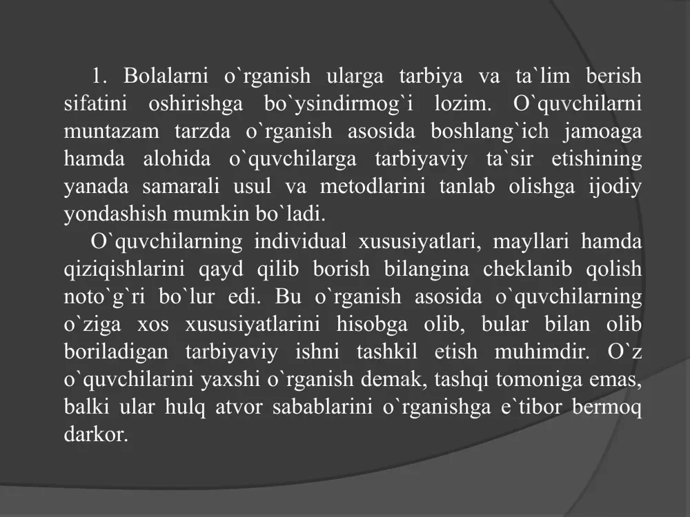 yetarli emas. u o`z tarbiyaviy faoliyatida yuksak darajadagi insonparvarlik fazilatlari, o`z ishiga sadoqati, intizomi, odamiyligi, axloqiy sifatlari bilan ham ta`sir o`tkazadi. chunki, tarbiyachilik qobilyati juda ko`p sifatlarni: chuqur bilim, keng fikrlilik, ishga jon dildan ko`ngil qo`yish, bolalarga bo`lgan cheksiz, muhabbat muomala nazokatlilik, qalb yoshligi, serzavq temperament, oqil va adolatlilik namunasi, alohida nazokat sipolik va vazminlik kabi fazilatlarning bo`lishini taqozo qiladi. bunga yana tarbiyachilik texnikasi qo`shimcha ishda muvaffaqiyat ta`minlanishi tabiiydir. tarbiyachilik texnikasi sinf rahbarining asosiy qurolidir. sinf rahbari pedagoglar, ota onalar va o`quvchilarni o`zaro bog`lovchi shaxs sifatida barcha tomonlarining nuqtai nazarini hisobga olishi, harakatlarni bir markazga birlashtirish, o`zaro aloqalarning to`g`ri bo`llshiga ta`sir o`tkazish va ayni vaqtda o`zpning pozitsiyasini aniq ta`minlay olishi kerak. mana shu fazilatlar sinf rahbarining tarbiyaviy ishlari samarasini oshirishga va uning muvaffaqiyatini ta`minlashga garov bo`ladi. sinf rahbari o`quvchilarga puxta bilim berishga, ularni fikrlash qobilyatini faollashtirishga hamisha g`amxo`rlik qilib boradi. xatto o`zlashtirish yuqori bo`lgan sinflarda ham bolalarda ilmga bo`lgan qiziqish …