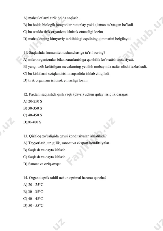 gan maxsulotlar d) ko’p turib qolgan mahsulotlar 18. sovuqqa chidamsiz maxsulotlarni sovutgichlarga joylashtrishda asosan nimalarga ahamyat beriladi ? a) sovutgichlar bor xonaga to'liq joylanadi keyin sovitish sistemasi ishga tushiriladi b) sovitish sistemasi ishga tushirilib 10-15 kun mobaynida maxsulotlar bilan to'ldiriladi c)sovitish honasiga maxsulotlar to'liq joylashtriladi oradan 10-15 kun o'tgandan keyin sovitgichlar ishga tushiriladi d) dastlab sovitkichlar ishga tushirilib keyin mahsulotlar joylanadi 19. maxsulotlarni gaz muhitida saqlashda qanday omborxonalar qulay hisoblanadi? a)germetik yopilmaydigan omborxonalar b) tabiiy shamollatiladigan omborxonalar c) doimiy omborxonalar d)sovitkichli omborxonalar 20. modifikatsiyalangan gaz muxitida saqlashni mohiyati nimalardan iborat ? a) havo atmasferasi o'zgartriladi b)maxsulotlarni terlamasligiga sabab bo'ladi c)harorat honani turli joylarida bir xil bo'lishiga erishiladi d) kasallanishlar va shikastlanishlar kam bo’ladi. 21. mamlakatimiz shimoliy qismining ko'pgina zonalarida sovutish uchun tashqi havodan foydalaniladi bu asosan qaysi oylarga tog'ri keladi ? a)sentyabr- oktyabr b) oktyabr- noyabr c) avgust- sentyabr d)fevral-mart 22. xonalar quvurlar bn sovitilganda xonalarga radiatorlar o'rnatiladi va ulardan …