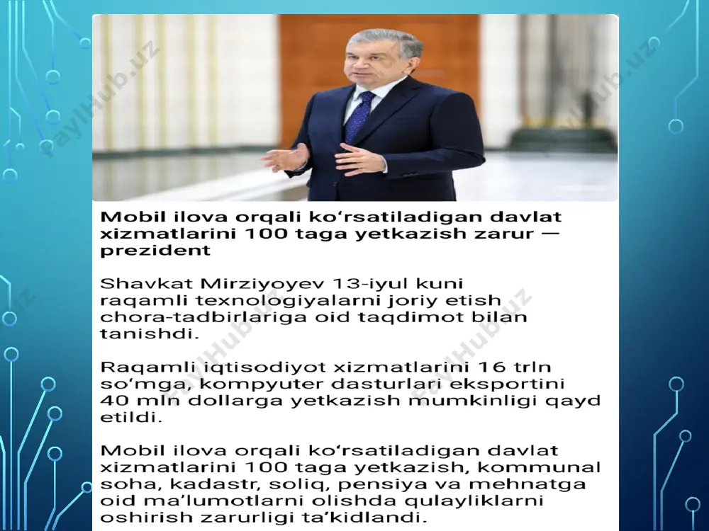 lliklari bor? birinchidan, xufyona iqtisodiyotga chek qo‘yiladi. tranzaksiyalar raqamli shaklda amalga oshirilganda ularni boshqarish oson bo‘ladi. xaridor va sotuvchi o‘rtasidagi har qanday to‘lovlar rasmiylashtiriladi. shu yo‘l bilan har qanday g‘ayriqonuniy tranzaksiyalarga chek qo‘yiladi. naqd pul shaklidagi tranzaksiyalarni cheklagan hamda faqatgina elektron to‘lovlarni amalga oshirgan holda hukumat xufyona iqtisodiyotga barham berishi mumkin. bunday to‘lovlar o‘z navbatida, soliq tushumlarining ortishiga olib keladi. chunki raqamli shaklda amalga oshirilgan har bir tranzaksiya qayd etib boriladi. ikkinchidan, fuqarolarga yangi qulayliklar yaratadi. raqamli iqtisodiyotning rivojlanishi yangi xizmat turlarining paydo bo‘lishi barobarida insonlarning tashvishlarini yengil qilishga xizmat qiladi. bunga bugun respublikamiz bo‘ylab faoliyat yuritayotgan davlat xizmatlari markazlari misol 1. o‘zbekiston respublikasi prezidenti shavkat mirziyoyevning birlashgan millatlar tashkiloti bosh assambleyasining 72-sessiyasidagi nutqi. 2017-yil 19-sentabr. 2. iqtisodiyotni yanada rivojlantirish va iqtisodiy siyosat samaradorligini oshirishning qo‘shimcha chora-tadbirlari to‘g‘risida. o‘zbekiston respublikasi prezidentining farmoni 08.01.2019-yildagi pf-5614-son. 3. www.infocom.u 4. www.stat.uz 5. www.lex.uz foydalanilgan adabiyotlar etiboringiz uchun rahmat ! image2.png image3.jpeg image4.jpeg /docprops/thumbnail.jpeg