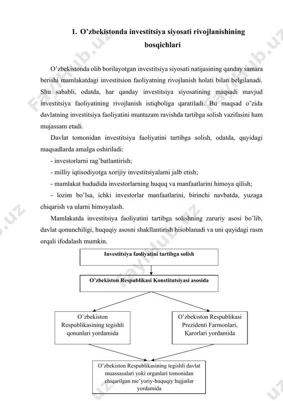 jet tadbirlarini amalga oshirish kerak. natijada ishlab chiqarish ko'payadi va yangi ish o'rinlari yaratiladi. real pul vositalari zahirasi taklifi grafigi pul bozorida muvozanat modeli daromadlar darajasining oshishi natijasida pulga talabningo'zgarishi pul taklifining kamayishi natijasida pul bozorida muvo zanatning o'zgarisbi milliy iqtisodiyot samaradorligini ta’minlovchi yo’llar[footnoteref:1] [1: sh.sh.shodmonovning iqtisodiyot nazariyasi darsligi ma’lumotlariga asoslanib muallif tomonidan tayyorlandi.] o’zbekiston respublikasida investitsiya faoliyatini tartibga solishning huquqiy asoslari. davlat investitsiya faoliyatini tartibga solish bilan birga bevosita o’zi ham unda ishtirok etadi. bunda u: - davlat investitsiya dasturlarini qabul qilish va ularni respublika byudjetidan moliyalashtirish; - yirik investitsiya loyihalarini moliyalashtirish uchun to’lovlilik, muddatlilik va qaytarib berish asosida respublika byudjetining markazlashgan investitsiya resurslarini taqdim etish; - investitsiya loyihalarini amalga oshirish uchun jalb etilgan kreditlar uchun davlat kafolatini taqdim etish; - investitsiya loyihalarining davlat kompleks ekspertizasini olib borish; - mahalliy va xorijiy investorlar uchun kontsessiyalar taqdim etish kabilar bilan investitsiya faoliyatida qatnashadi. odatda, investitsiya faoliyatini muvofiqlashtirish uning muhim yo’nalishlarida …