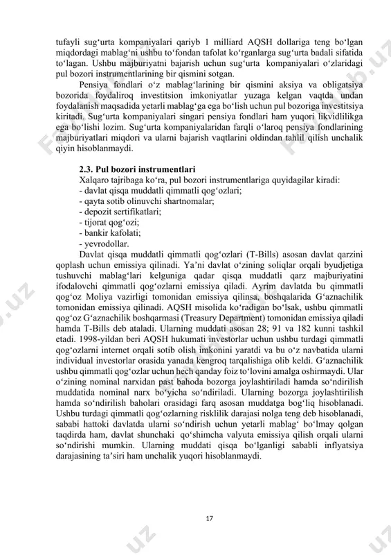 likvidlilik darajasi yuqori boʻlganligi sababli davlat qimmatli qogʻozlarini sotib olish boʻyicha cheklovlar mavjud emas. koʻplab korxonalar pul bozorida faol tarzda ishtirok etishadi, yaʼni ular oʻz qimmatli qogʻozlarini emissiya qilib, pul bozoriga joylashtirish orqali sotishi, shuningdek qoʻshimcha pul mablagʻlarini foyda koʻrish maqsadida pul bozori instrumentlariga investitsiya qilishlari ham mumkin. ammo, pul bozori instrumentlariga investitsiya kiritishdan asosiy koʻzlangan maqsad bu foyda koʻrish emas, oʻz mablagʻlarini qiymatini hamda likvidliligini ushlab turish hisoblanadi. investitsiya kompaniyalari pul bozorining likvidlilik darajasini taʼminlovchi vositachilar hisoblanishadi. chunki, ular asosan individual investorlarning mablagʻlaridan investitsion fondni shakllantiradi va kompaniya menejeri tomonidan maʼqul koʻrilgan qimmatli qogʻozlarga investitsiya kiritiladi. agarda biror bir individual investor oʻz mablagʻlarini qaytarib olmoqchi boʻlsa, investitsiya fondi ushbu investorga oʻz mablagʻlarini qaytarib beradi. shu sababli pul bozori instrumentlari uchun ikkilamchi bozor talab etilmaydi. bundan tashqari investitsiya kompaniyalari yuqori daromadli investitsion loyihaning uchrab qolish ehtimolini inobatga olgan holda, aksariyat mablagʻlarini pul bozori instrumentlarini sotib olishga yoʻnaltiradi. xorijiy amaliyotga koʻra …