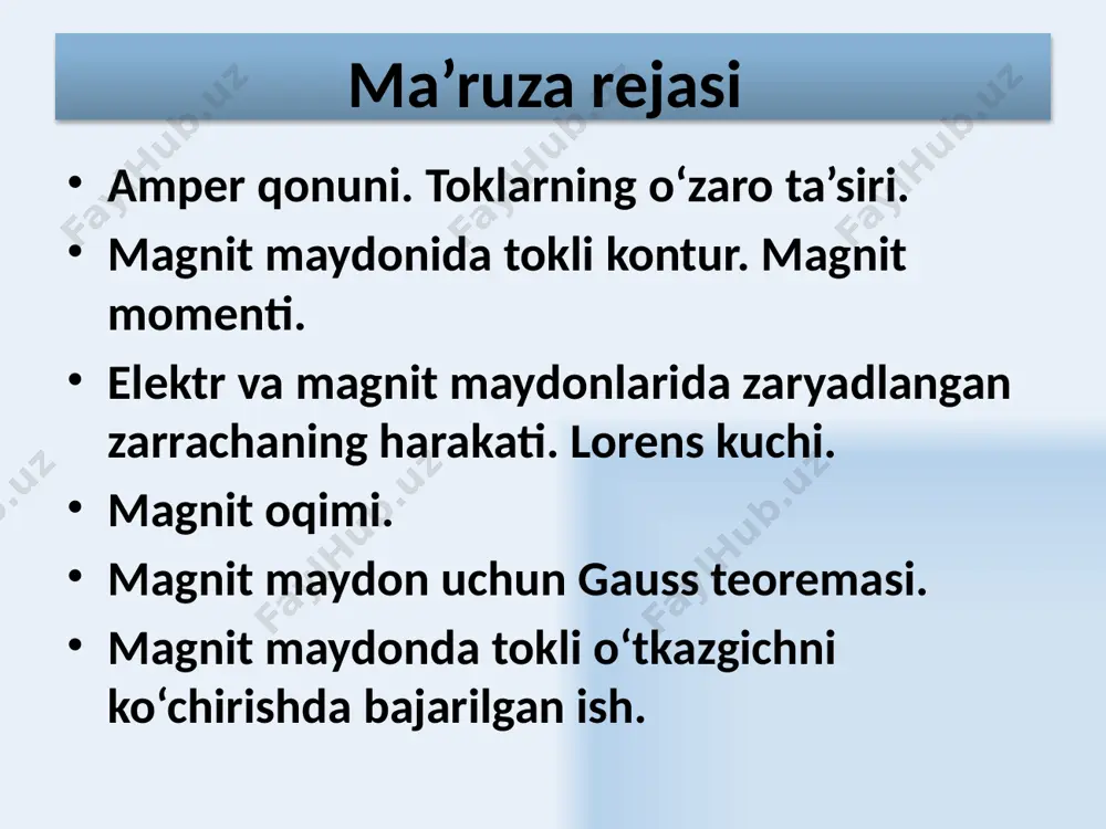 kinetik energiyasi o‘zgarmasdan qoladi. 15 elektr va magnit maydonlarida zarrachalarning harakati zaryadga b induksiyali magnit maydonidan tashqari e kuchlanganlikka ega bo‘lgan elektr maydoni ta’sir etganda zaryadning harakati quyidagi lorens tenglamasi bilan ifodalanadi 16 zaryadlangan zarracha magnit maydonida magnit induksiya chiziqlari bo‘ylab harakatlanadi (v va в vektorlari orasidagi burchak  ga teng). lorens kuchi nolga teng. magnit maydoni zarrachaga ta’sir etmaganligi uchun u tekis va to‘g‘ri chiziqli harakatini davom ettiradi. zaryadlangan zarrachaning magnit maydonidagi harakati - 17 lorens kuchi zarracha traektoriyasiga perpendikuldir va moduli bo‘icha o‘zgarmaydi. zarracha markazga intilma tezlanish bilan r radiusli aylana bo‘ylab harakatlanadi. aylana radiusi aylanish davri zaryadlangan zarracha magnit maydonida magnit induksiyasi chiziqlariga perpendikulyar ravishda harakatlanadi (v va в vektorlari orasidagi  burchak /2ga teng). zaryadlangan zarrachaning magnit maydonida harakati + 18 zaryadlangan zarrachaning magnit maydonidagi harakati - - - 19 1)zarracha maydon bo‘ylab to‘g‘ri chiziqli tekis harakatlanadi. 2) maydonga perpendikulyar bo‘lgan tekislikda zarrachaning harakati spiral o‘qiga …