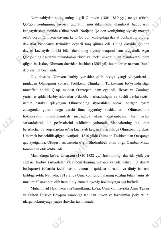 ada din peshvorlari muhammadalixonga “g‘oziy” (“din homiysi”, “din yo‘lida kurashuvchi”) unvonini berdilar. 1840 yilda muhammadalixonning bosh maslahatchisi, davlatni boshqaruv ishlarida katta tajribaga ega bo‘lgan haqquli mingboshining tuhmatga uchrab xon tomonidan qatl etilishi shusiz ham qaltis bo‘lib turgan vaziyatni yanada keskinlashtirib yubordi. undan tashqari xon davlat ishlariga loqayd bo‘lib, asosiy vaqtini haramida o‘tkaza boshladi. natijada davlatni boshqaruv ishlarida suiste’molliklardan umumiy noroziliklar boshlanib, xonni ag‘darish uchun fitna tayyorlana boshladi. lekin o‘z kuchlari bilan fitnani amalga oshirishga ko‘zi yetmagan bir guruh qo‘qon amaldorlari boshqa xon saylash maqsadida buxoro amiri nasrulloga noma yozib, undan yordam so‘rashdi. qo‘qon yurishi uchun bahona topolmay turgan amir nasrullo bu taklifni tezda qabul qilib, 1842 yil aprelda qo‘qonni bosib oldi. qo‘qondan oilasi bilan namangan tomonga qochgan muhammadalixon tutib keltirilib, oilasining bir qismi bilan qatl ettirildi. amir nasrullo qo‘qon xonligining buxoroga qo‘shib olinganligini e’lon qilib, qo‘qonda o‘z noibi ibrohim dodhoh mang‘itni qoldiradi. ammo, ibroxim dodhohning qo‘qon halqiga o‘tkazgan jabr-zulmi, soliqlarning …