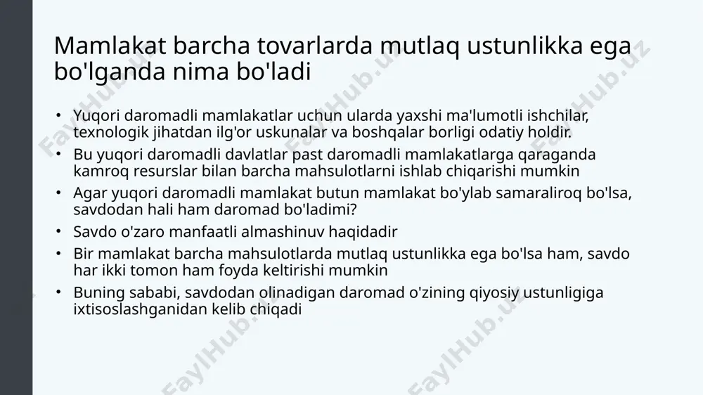'doy tayyorlashning imkoniyat qiymati 2 ta kartoshka. aksincha, hindistonda bu atigi 1,25. shu sababli, eng past imkoniyat qiymatiga ega bo'lgan mamlakat qiyosiy ustunlikka ega. shunday qilib, bu holda hindiston bug'doy ishlab chiqarishda qiyosiy ustunlikka ega bo'ladi va bunga e'tibor qaratishi kerak. endi kartoshka ishlab chiqarishga qaraydigan bo'lsak, xitoyda 0,5 ga teng imkoniyat bor. boshqacha aytganda, u 0,5 bug'doyni qurbon qilishi kerak. shu bilan birga, hindiston 0,8 imkoniyat qiymatiga ega. shunday qilib, biz arzonroq imkoniyatga ega bo'lgan xalqni ko'rib chiqsak, xitoy qiyosiy ustunlikka ega bo'ladi. shuning uchun xitoy kartoshka yetishtirishga, hindiston esa bug'doyga e'tibor qaratishi kerak. savdo va daromadlar daromadlar mehnat unumdorligiga bog'liq ayrim mahsulot bo‘yicha mutlaq ustunlikka ega bo‘lgan mamlakatda mehnat unumdorligi yuqori bo‘ladi mamlakatdagi o'rtacha daromad uning o'rtacha mehnat unumdorligiga bog'liq qiyosiy ustunlik mutlaq ustunlikdan ko'ra muhimroq bo'lib, har ikki mamlakatda turmush darajasini maksimal darajada oshirish uchun qaysi davlat qaysi mahsulot bilan savdo qilishi kerak. o'xshash iqtisodiyotlar o'rtasida tarmoq …