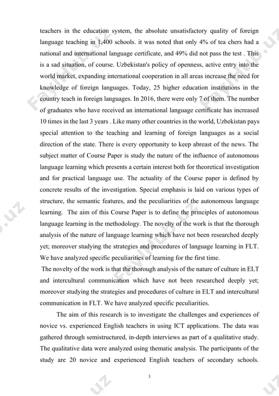 of foreign languages as a social direction of the state. there is every opportunity to keep abreast of the news. the subject matter of course paper is study the nature of the influence of autonomous language learning which presents a certain interest both for theoretical investigation and for practical language use. the actuality of the course paper is defined by concrete results of the investigation. special emphasis is laid on various types of structure, the semantic features, and the peculiarities of the autonomous language learning. the aim of this course paper is to define the principles of autonomous language learning in the methodology. the novelty of the work is that the thorough analysis of the nature of language learning which have not been researched deeply yet; moreover studying the strategies and procedures of language learning in flt. we have analyzed specific peculiarities of learning for the first time. the novelty …