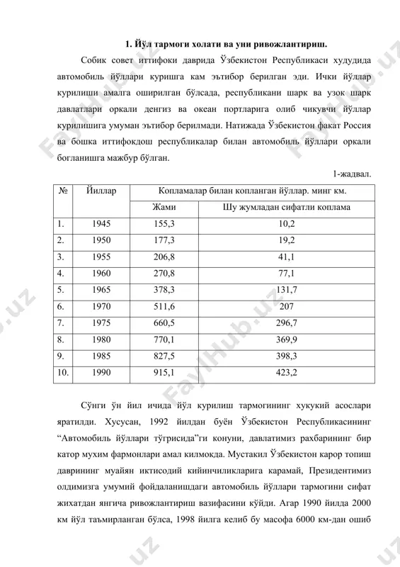 иль магистраллари пойтахтлар, йирик административ марказлар, алохида иктисодий туманларга хизмат килади. республика ахамиятига эга бўлган йўллар – республика пойтахтини вилоят марказлари, маданий, иктисодий, сиёсий марказлар хамда автоном республикалар билан боглаш учун хизмат килади.. вилоят йўллари – туман марказларини, маданий ва маъмурий марказларини темир йўл бекатларини вилоят марказлари билан бирлаштиради. туман йўллари – туман марказларини кишлок кенгашлари, жамоа хўжаликлари, темир йўллар станциялари билан боглайди. шахар йўллари – ахолии яшаш жойлари, шахардан ташкари алока ва харакат хизмати учун мўлжалланган. юкоридаги айтиб ўтилган автомобиль йўллари умум фойдаланувчи йўлларга киради. бундан ташкари: курорт йўллари – курорт жойлашган жойларда дам олувчиларга хизмат килади. автомобиль йўллари халк хўжалиги ва маъмурий идораларга таълуклиги, уларни куриш, таъмирлаш ва ишлатиш учун зарур бўлган маблаг таъминланган идоралар билан белгиланади ва таснифланади. автомобиль йўлларини лойихалаш – йўловчи ва юкларни ташиш хажми, харакатдаги таркибни хавфсиз харакатланишини таъминлаш учун хизмат килади. йўллар табиий-иклим шароити, халк хўжалигидаги ахамияти бўйича хар хил техник микдорга эга …