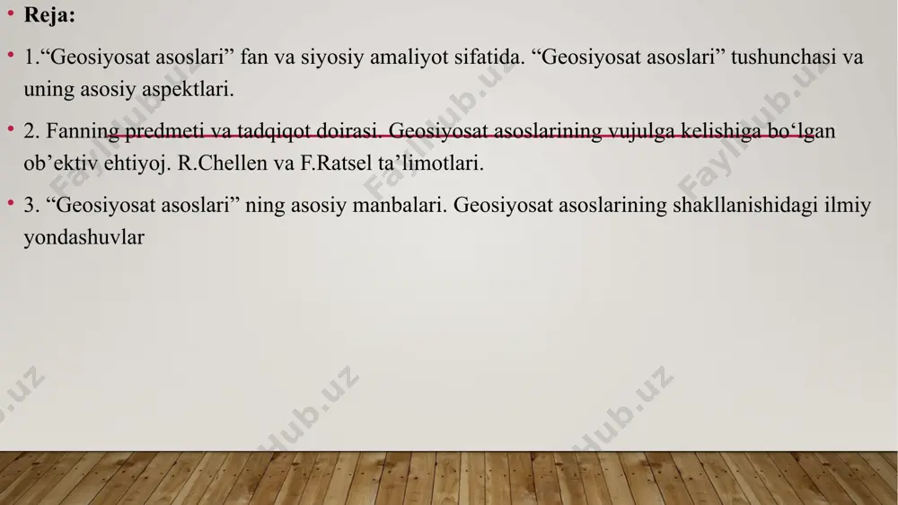 matik tarixga shunchaki qoʻshilgan oddiy hodisa emas. geosiyosiy uslub ularni oʻzlashtirgan xolda namoyon boʻladi. alohida tadqiqot, mashgʻulot sohasi sohasi sifatida, dunyoga nazar tashlash uslubi sifatida geopolitikaning prespektivlari quyidagi holatlar bilan oʻz dolzarbligini namoyon qiladi: birinchidan, jamiyatning demokratik siyosiy madaniyatini shakllantirishda, aholii tafakkurini imperiyaga xos tafakkur tarzidan xalos boʻlishlarida, radikal geosiyosiy hatti-harakatlar mohiyatini anglab etishda geopolitikaning asoslarini oʻrganish muhim ahamiyat kasb etadi; ikkinchidan, geosiyosiy paradigmalar, alohida faoliyat turi sifatidagi geopolitika shakllanayotgan koʻp qutbli dunyoda, jahon hamjamiyatida munosb oʻrin egallashida muhim ahamiyat kasb etadi; uchinchidan, endigina shakllanayotgan geopolitika fani oldida gʻarb geopolitikasi erishgan yutuqlarni oʻzlashtirish, uning asosiy tendentsiyalarini, hozirgi zamon geosiyosiy jarayonlarining rivojlanish xusiyatlarini oʻrganish kabi masalalar turibdiki ularning echimi oʻzbekistonning markaziy osiyoda, jahon hamjamiyatida tutgan maqomini belgilab olishda oʻziga xos ahamiyat kasb etadi. "geosiyosat" ("geosiyosat asoslari") soʻzi garchi yunon tilidagi "geo" (er) va "politicos" (davlatni boshqarish san’ati) jumlalaridan olingan boʻlsada, oʻzbek siyosiy lugʻatiga nemis tilidagi "geopolitik" soʻzidan kirib kelgan desak toʻgʻri …