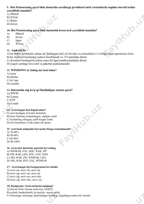 g xususiyatlari va vazifalari c) foydalanuvchi-axborot interfeysini tashkil qilish d) muayyan insoniy faoliyatni amalga oshirish uchun axborotni yaratish 5. hot potatoes dasturida ishlab chiqilgan topshiriq va testlardan foydalanish uchun qanday brauzer yordamida kirish mumkin? a) faqat internet explorer veb brauzer 6+ b) hot potatoes dasturlari yordamida kirish mumkin c) ixtiyoriy veb brauzer d) google chrome veb brauzer 6. ispring audio-video editor dasturi qanday maqsadda qo‘llaniladi? a) audio va video fayllar bilan ishlash, tahrirlash uchun b) rasmlarni qayta ishlash uchun c) dialog( muloqotlar) yaratish uchun d) kompyuter ekranidagi jarayonni tasvirga olish uchun 7. "texnologiya" tushunchsining to'g'ri ta'riflang. a) texnologiya ("texne"-usta) - bu tayyor mahsulotlarni ishlab chiqarish usullari va vositalaridir b) inson faoliyatini mashinalar va mexanizmlar bilan almashtirish c) tayyor mahsulotni ishlab chiqarishda foydalaniladigan usullar va vositalar to'plami d) tayyor mahsulotni ishlab chiqarishda foydalaniladigan usullar 8. hot potatoes dasturi qaysi davlat dasturchilari tomonidan yaratilgan? a) aqsh b) kanada c) angliya d) indiya …