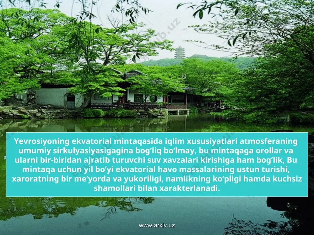 ekvatorning har ikkala tomonida joylashgan, asosiy qismi tropik-ekvatorial kengliklarda joylashgan. shuning uchun materikda harakat juda baland bo’ladi. materik kirg’oqlarini atlantika va hind okeanlari suvlari yuvib turadi. afrika qirgog’ida eng katta qo’ltiq gvineya ko’ltig’i joylashgan. g’arbiy qirg’oqlari bo’ylab materik sayozligi cho’zilib ketgan. materikning sharqiy qismi va janubdan o’rab turgan hind okeanining shimoliy-g’arbiy qismi gondvana parchalanib ketishi natijasida bor davridan keyin paydo bo’lgan. www.arxiv.uz www.arxiv.uz afrikaning shimoli-g’arbiy tog’li qismlarini hisobga olmaganda, deyarli butun hududi yagona platformada gondvana - arxey va proterozoy eralari davomida tarkib topgan. proterozoy erasining boshlarida gondvana er sharida eng katta yaxlit quruqlik bo’lib qolgan, keyinchalik parchalanib ketishi natijasida afrika-arabiston platformasi, so’ngra esa afrika va arabiston platformalariga ajratilgan. paleozoy davrining oxirlarida butun materik ko’tarila borgan va muz bosish jarayonlari vujudga kelgan. trias va yura davrlariga kelib tektonik harakatlari kuchaygan. bu harakatlar afrikaning janubida, sharqida va shimoliy-g’arbida kuchli, vulkanizm bilan tugagan yura va bor davriga kelib butun materik ko’tarila borgan. afrikadagi …