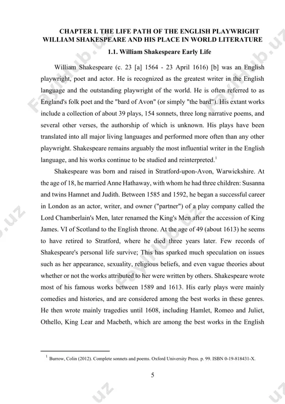 he began a successful career in london as an actor, writer, and owner ("partner") of a play company called the lord chamberlain's men, later renamed the king's men after the accession of king james. vi of scotland to the english throne. at the age of 49 (about 1613) he seems to have retired to stratford, where he died three years later. few records of shakespeare's personal life survive; this has sparked much speculation on issues such as her appearance, sexuality, religious beliefs, and even vague theories about whether or not the works attributed to her were written by others. shakespeare wrote most of his famous works between 1589 and 1613. his early plays were mainly comedies and histories, and are considered among the best works in these genres. he then wrote mainly tragedies until 1608, including hamlet, romeo and juliet, othello, king lear and macbeth, which are among the best …