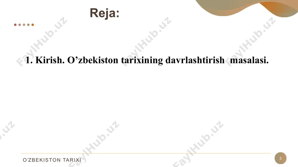 lakatimiz hududida kechgan ijtimoiy-siyosiy, iqtisodiy, madaniy jarayonlar; ishlab chiqarish kuchlari va vositalarining takomillashib borishi; til va yozuv, ilm-fan va madaniyatning rivojlanishi; davlat boshqaruv shakllari va evolyusiyasi; etnik jarayonlar, urf-odat va rasm-rusumlar; diplomatiya va elchilik aloqalari; sulolalar, tarixiy geografiya; milliy ozodlik harakatlari; din, mafkura va turli g‘oyalar; buyuk tarixiy shaxslar, davlat arboblari va boshqalar o’zbekiston tarixi yordamchi tarix fanlar 12 arxeologiya antropologiya etnografiya lingvistika epigrafika numizmatika xronologiya geneologiya manbashunoslik va boshqalar o’zbekiston tarixi o‘zbekistonning eng yangi tarixi fanining maqsadi 13 o‘zbekiston tarixini o‘qitish orqali o‘quvchilar yurtimiz hududida kechgan ijtimoiy-siyosiy jarayonlarni musta-qil tahlil qilishga o‘rganadi, mazkur jarayonlarning rivojlanish qonuniyat-lari, sabab va oqibatlarini tushunib hamda ochib berish orqali yoshlarning ilmiy dunyoqarashlarini shakllanti-rish, ularning ma’naviy-ma’rifiy salohiyatlarini yuksaltirish ajdodlar an’analariga sadoqat, milliy o‘zlikni anglashga o‘rgatish asosiy maqsad qilib belgilanadi. o’zbekiston tarixi o‘zbekistonning eng yangi tarixi fanining vazifalari 14 o‘zbekiston tarixi fani jahondagi ilg‘or, taraqqiyparvar, demokratik kuchlar hamda davlatlarning tajriba-larini umumlashtirish asosida xalqimizda yangicha ijtimoiy-siyosiy dunyoqarash …