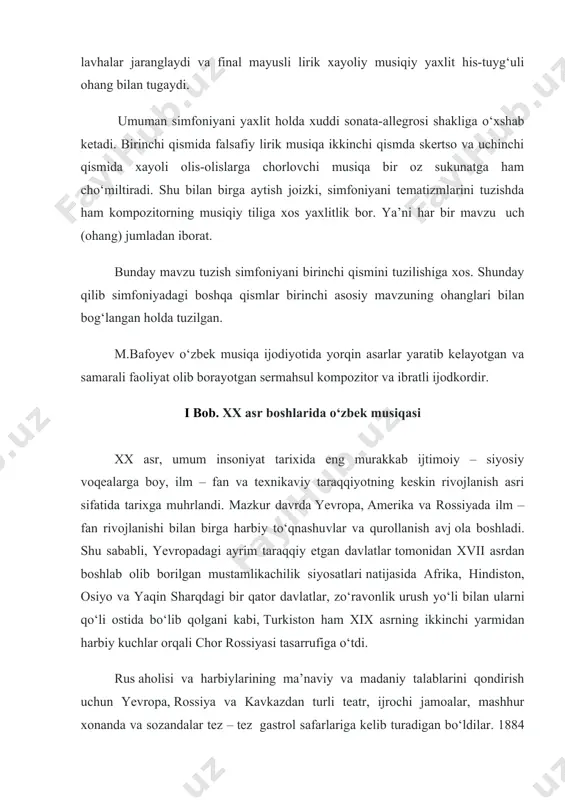 o‘tdi. rus aholisi va harbiylarining ma’naviy va madaniy talablarini qondirish uchun yevropa, rossiya va kavkazdan turli teatr, ijrochi jamoalar, mashhur xonanda va sozandalar tez – tez gastrol safarlariga kelib turadigan bo‘ldilar. 1884 yilda tashkil etilgan “туркистанское музыкально – театральное общество” jamiyati bunga bevosita o‘z faoliyatini bag‘ishladi va yevropa, rus musiqa va teatr san’atlarini o‘rta osiyoda keng targ‘ib qilishda muhim rol o‘ynadi. shu bilan birga, rus ziyolilarining orasida turli musiqiy va teatr badiiy havaskorlar va professional jamoalarining paydo bo‘lishiga ko‘maklashdi. o‘lkamizda turli san’at jamoalari, kutubxona va muzeylar ochildi. madaniy hayotda ham ayrim siljishlar yuz bera boshladi. mana shunday tarixiy muhitda o‘rta osiyo xalqlari xx asrga kirib keldilar. garchand xx asrning boshlarida ham o‘rta osiyo xalqlarining taqdiri rus imperiyasi va boshqa davlatlar tarixida sodir bo‘lgan voqealar, harakatlar, o‘zgarishlar bilan bog‘liq bo‘lsada xalq hayotida o‘zgarishlar ozodlik uchun kurashlar olib borilganligi tarixdan ma’lumdir. shoirlar ijodida adolatsizlikka qarshi, kirdu-korlarni fosh etuvchi hamda ozodlik nafasi barq …
