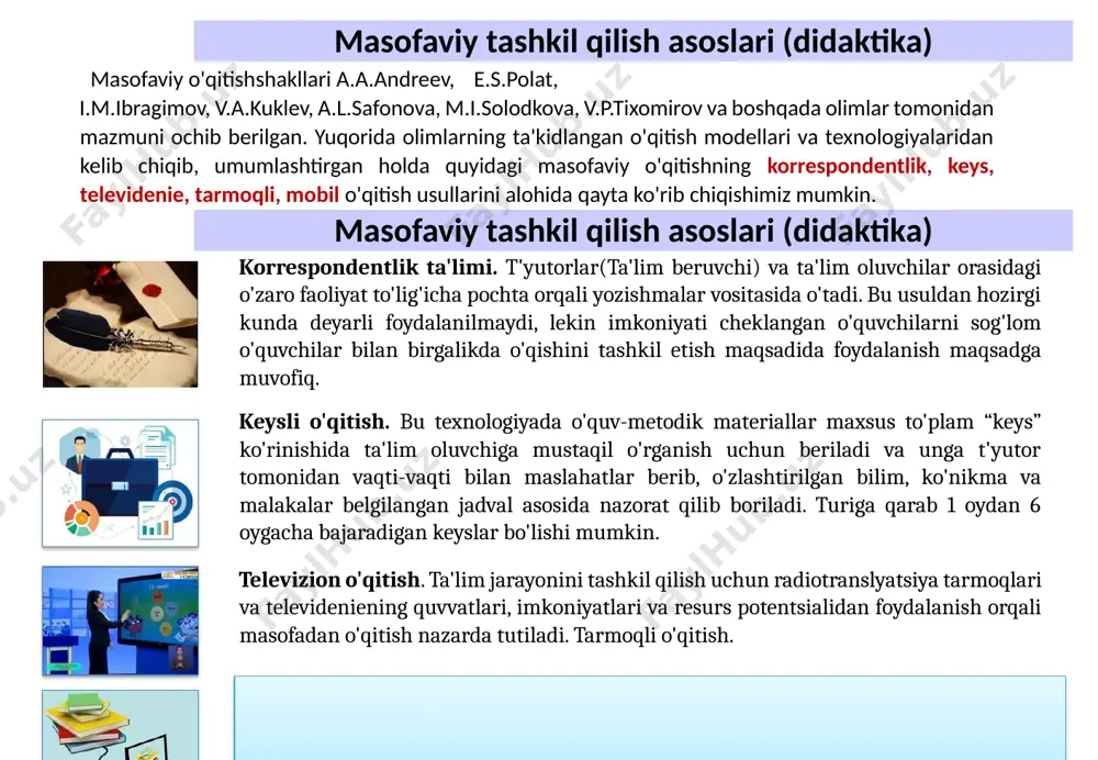ga majbur bo'lmoqda . 9 masofali ta’limning xozirgi sharoitda tashkil etilishi web-dastur (moodle) orqali. ta’lim resurslari tizimga yuklanadi va bajarish uchun topshiriqlar beriladi. web-konferensiya. (zoom webex, ms teams google meet, mailcall programmalari orqali) chat texnologiya. telegram, whatsapp messendjerlari) foydalangan xolda mashg’ulot o’tkazish; video dars oraqali o’quv mashg’ulotlarining metodik materyallari orqali video va audio tayorlash va tizimga qo’yish. ndpi masofali ta’limni tashkil qilish yo’nalishlari 1. moodle tizimi orqali ta'lim jarayonini tashkil qilish. bunda tizimga fan bo'yicha asosiy resurslar: lektsiya, test, darslik, glossariy, taqdimotlarni kiritish va tizimni boshqarish; 2. telegramm messendjeridan har bir guruhlar kesimida kanallarni ochib, ta'lim resurclari- lektsiya, test, darslik, glossariy, videodarslarni joylashtirish; 3. xar bir fan bo'yicha imkoniyatdan kelib chiqib videodarslar ishlab chiqish; 4. fakul'tetlarda fanlarni vebinar va onlayn shaklda tashkil qilish (zoom va boshqa dasturlar orqali). 1. moodle imkoniyatlari · internet mavjud joyda kun davomida bilim olish imkoniga ega. · vaqt bo'yicha o’quvchi va o'qituvchiga keng imkoniyat yaratiladi. …