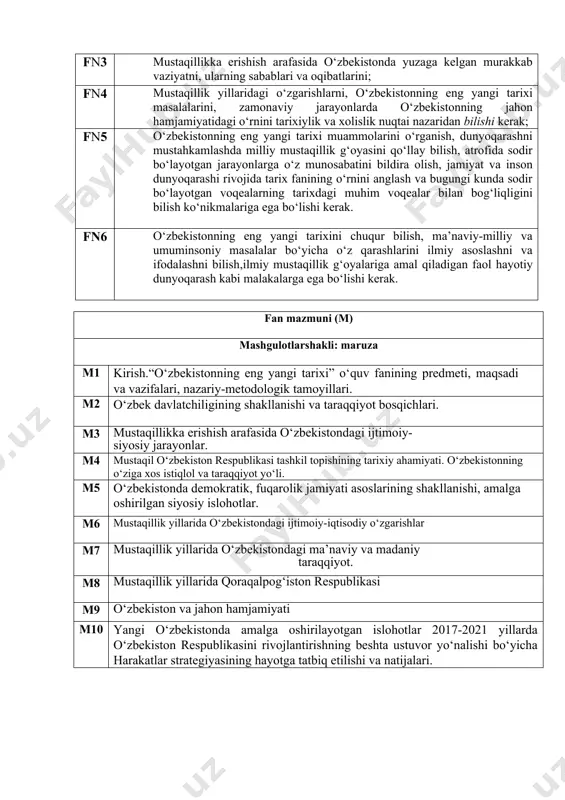 8 mustaqillik yillarida qoraqalpog‘iston respublikasi m9 o‘zbekiston va jahon hamjamiyati m10 yangi o‘zbekistonda amalga oshirilayotgan islohotlar 2017-2021 yillarda o‘zbekiston respublikasini rivojlantirishning beshta ustuvor yo‘nalishi bo‘yicha harakatlar strategiyasining hayotga tatbiq etilishi va natijalari. mashgulatshakili seminar (s) s1 “o‘zbekistonning eng yangi tarixi” o‘quv fanining predmeti, maqsadi va vazifalari, nazariy-metodologik tamoyillari. s2 qadimgi va ilk o‘rta asrlar davlatchiligi: asosiy bosqichlari va o‘ziga xos xususiyatlari. s3 rossiya imperiyasi va sovet hukmronligi davrida o‘lkadagi ijtimoiy- iqtisodiy, siyosiy va ma’naviy jarayonlar. s4 mustaqillikka erishish arafasida o‘zbekistondagi ijtimoiy-siyosiy jarayonl s5 mustaqil o‘zbekiston respublikasining tashkil topishi va uning tarixiy ahamiyati. s6 o‘zbekistonning o‘ziga xos istiqlol va taraqqiyot yo‘li. s7 o‘zbekistonda demokratik, fuqarolik jamiyati asoslarining shakllanishi, amalga oshirilgan siyosiy islohotlar. s8 iqtisodiy islohotlar, xususiy mulkchilikning shakllanishi. o‘zbekistonda bozor munosabatlarining rivojlanishi. s9 o‘zbekiston respublikasidagi ijtimoiy o‘zgarishlar. s10 mustaqillik yillarida o‘zbekiston respublikasida ta’lim sohasida amalga oshirilgan o‘zgarishlar. s11 mustaqillik yillarida o‘zbekistondagi ma’naviy va madaniy taraqqiyot. s12 mustaqillik yillarida qoraqalpog‘iston respublikasi. s13 …
