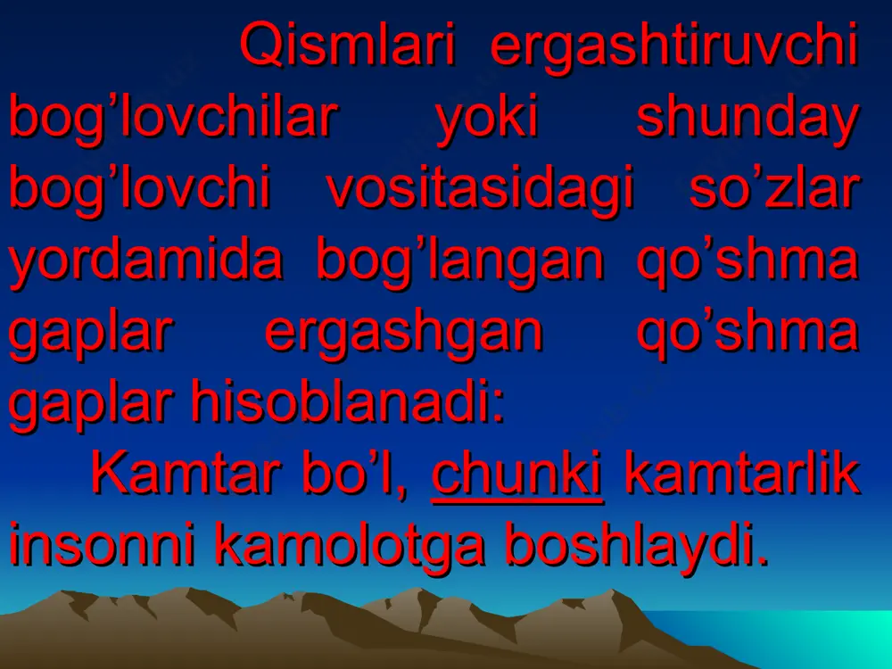 igitlar jang boshladi, yovlar qocha boshladi. shart mayli vositasida ergashgan qo’shma gaplar ergash gapning kesimi shart maylidagi fe’llar orqali ifodalanganda, shart mayli qo’shimchasi ergash gapni bosh gapga bog’lovchi vosita ham sanaladi. shart va paytni bildiradi. -sa, kuz kelsa, daraxtlarning barglari sarg’ayib to’kiladi. (payt ma’nosida) -sa, hurmat qilsang, hurmat ko’rasan. (shart ma’nosida) ko’rsatish olmoshili ergashgan qo’shma gaplar bosh gap tarkibidagi ko’rsatish olmoshi ma’nosini izohlash uchun qo’llangan ergash gaplar bosh gapga –ki yuklamasi yordamida bog’lanadi. ba’zan bu bo’lak qo’llanmasligi mumkin, ammo uning o’rni bilinib turadi. -ki, shunday odamlar borki, ular bilan gaplashib bahra olasan. odam borki, odamlarning naqshidir, odam borki, hayvon andin yaxshidir. (belgisiz) nisbiy so’zli ergashgan qo’shma gaplar ergash gap tarkibi