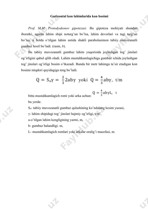 m; -yon atrof tog’ jinslarining ichki ishqalanish burchagi; -lahim shipidagi tog’ jinslarining ichki ishqalanish burchagi; -lahim shipidagi tog’ jinslarining mustahkamlik koeffitsiyenti. kon bosimi lahim shipi tomonidan quyidagiga teng bo’ladi: prof.p.m.simbarevich fikri bo’yicha lahim devoriga yon tomon bosimi faol bosim sifatida, burchagi bo’lgan, ustki tomonidan h elementi qulash doirasi tog’ jinslari bilan yuklangan, siljib kelayotgan prizma va yuqorida bayon etilgan, shunday holatlarga mos qoidalar asosida d quyidagiga teng: bu yerda: h0 - yon tomon tog’ jinslari hajmiy og’irligiga keltirilgan, qulash gumbazi balandligi, m; γ - lahim shipidagi tog’ jinslarining hajmiy og’irligi, t/m p.m. simbarevich, prof.m.m. protodyakonovning ilmiy faraziga aniqlik kiritish maqsadida, hozirgi vaqtda qulash gumbazi balandligini quyidagicha aniqlash tavsiya etiladi: bu yerda: h – lahimning joylashgan chuqurligidan yer yuzasigacha bo’lgantik masofa. to’rtinchi holat (rasm, g) – lahim shipi devorlari va tagi noturg’un. bu holatda lahimga barcha tomondan tog’ jinslari bosim o’tkazadi. lahim shipi tomonidan tog’ jinsi bosimini yon tomondan tog’ jinslari …