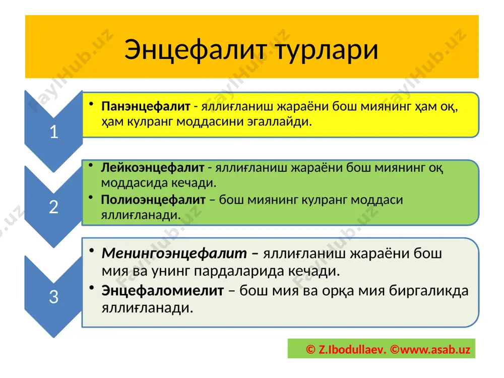 лларда алиментар йўл орқали ўтади. алиментар йўл орқали ўтиш эчкининг хом сутини истеъмол қилганда рўй беради. © z.ibodullaev. ©www.asab.uz юқиш йўллари кана энцефалити кана энцефалити, асосан, кана чақиши орқали ривожланувчи ўткир вирусли касаллик бўлиб, бирламчи энцефалитлар гуруҳига киради. баҳор-ёз ойларида россия ўрмонзорларида кўп учрайди. тайга энцефалити деб ҳам аталади. © z.ibodullaev. ©www.asab.uz ким канадан қўрқмайди? кана энцефалити бўйича эндемик ўчоқларда яшайдиганлар қонида кана энцефалитига қарши антитаначалар аниқланган. шунинг учун ҳам ўрмонзорларда доимий яшовчилар ва ишловчилар кана энцефалити билан кам касалланишади ёки уларда касаллик енгил кечади. © z.ibodullaev. ©www.asab.uz патогенези-1 кана терига чуқур ёпишиб олади ва одамнинг қонини сўра бошлайди. вирус терига ўтган заҳоти кўпая бошлайди ва маҳаллий яллиғланиш реакциясини юзага келтиради. орадан 4—5 кун ўтгач, кана теридан ўзи тушиб кетади. баъзида одам ўз танасида канани кўриб, уни қўли билан олиб ташлайди. одатда, кана чақиши оғриқсиз бўлади. © z.ibodullaev. ©www.asab.uz патогенези-2 вирус қонга тушади – вирусемия; тўқималарга ўтиб кўпаяди; латент даври …