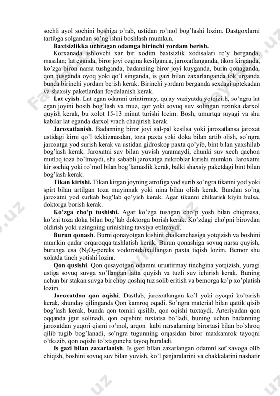 aylanadigan qisimlari bo’ladi; masalan vallar, muftalar, o’rnatish xalqaro shkivlar, qayish va arqon uzatmalar, tishli, frinsion va zanjir uzatgichlar shular jumlasidandir. baxtsizlik xodisalari ko’pincha mashina va mexanizimlar oldida ishlaganda ro’y beradi. mashinalarni aylanadigan qisimlaridagi chiqib turgan detallar, masalan: shponka, kallaklari, shponkalar, o’rnatish xalkalari va muvtalardagi bolt va vint kallaklari xususan xavlidir. slesarning dastgoxlarda ishlaganda rioya qilishi lozim bo’lgan asosiy xavfsizlik texnikasi qoidasi dastxoxlarning xarakatlanadigan qisimlarini sim turlari, kojuxlar shu kabilar bilan to’sib quyishdir. dastgoxlarni va mexanizmlarni to’xtatgandan so’ng tozalash va moylash kerak. dastgoxlar ishlab turganda qayish uzatmalarni chiqarish yoki kiygizish taqiqlanadi. ishga tushish oldidan ust-boshingizni ko’zdan o’tkazish kerak. uzun sochli ayol sochini boshiga o’rab, ustidan ro’mol bog’lashi lozim. dastgoxlarni tartibga solgandan so’ng ishni boshlash mumkun. baxtsizlikka uchragan odamga birinchi yordam berish. korxanada ishlovchi xar bir xodim baxtsizlik xodisalari ro’y berganda, masalan; lat eganda, biror joyi ozgina kesilganda, jaroxatlanganda, tikon kirganda, ko’zga biron narsa tushganda, badanning biror joyi kuyganda, burin qonaganda, qon …