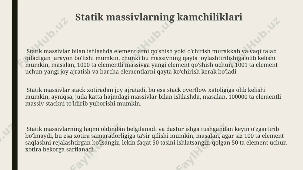 rakkablik bilan elementga kirish mumkin. bu juda tezkor operatsiyani ta'minlaydi. statik massivlarni e'lon qilish va yaratish massiv o'lchami e'lon qilinganidan keyin o'zgartirib bo'lmaydi, ya'ni statik massivlarning hajmi kompilyatsiya vaqtida aniqlanadi va dastur ishlagan vaqtda o'zgarmaydi. 100 ta elementli massiv ajratish uchun `double data[100];` deb yoziladi. statik massivlarni e'lon qilishda ma'lumotlar turi, massiv nomini va elementlar sonini (masalan, `int numbers[10];`) ko'rsatish kerak, bu yerda 10 elementdan iborat butun sonlar massivini yaratadi. statik massivlar stack xotirada joylashadi va ularning hajmi cheklangan bo'ladi, shuning uchun juda katta hajmdagi ma'lumotlarni saqlash uchun mos emas, masalan, 1 million elementli massivni stackda saqlash mumkin emas. dinamik massivlar bilan taqqoslash statik massivlar hajmi kompilyatsiya vaqtida aniqlanadi va o'zgartirib bo'lmaydi, dinamik massivlar esa `new` va `delete` operatorlari yordamida ishlash vaqtida o'zgaruvchan hajmga ega bo'lishi mumkin, bu esa xotira boshqaruvini murakkablashtiradi. katta hajmdagi ma'lumotlarni saqlashda statik massivlar xotira haddan tashqari oshib ketishiga olib kelishi mumkin, dinamik massivlar esa kerakli …