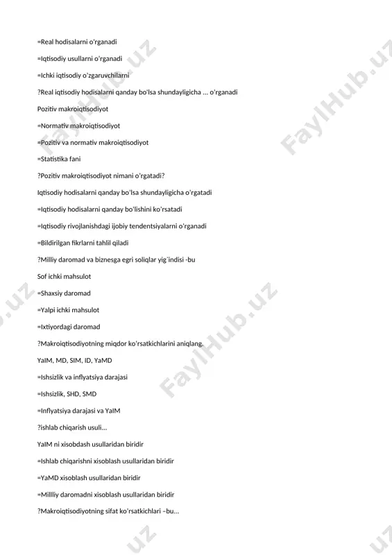r =ishlab chiqarishni xisoblash usullaridan biridir =yamd xisoblash usullaridan biridir =millliy daromadni xisoblash usullaridan biridir ?makroiqtisodiyotning sifat ko’rsatkichlari –bu... ishsizlik va inflatsiya darajasi =ishsizlik va ixtiyordagi daromad =ixtiyordagi daromad va yaim =inflyatsiya darajasi va yaim ?mamlakat iqtisodiyotida tovar va xizmatlar taklifining kamayishi natijasida tovar va xizmatlar baholarining oshishidan paydo bo’ladi. taklif inflyatsiyasi = o'rmalovchi inflyatsiya =talab inflyatsiyasi =giperinflyatsiya ?narxlar indeksi qanday farqni baholash uchun ishlatiladi? turli davrdagi “iste’mol savati”ning bozor qiymatidagi farqini baholash uchun =bazis yildagi ishlab chiqarish tarkibidagi farqini baholash uchun =ikki turli mamlakat narx darajalaridagi farqni baholash uchun =ulgurji va chakana narx darajalari o’rtasidagi farqni baholash uchun ?nima uchun oraliq va pirovard maxsulotlarni farqlay bilishimiz kerak bir maxsulotni ikki marta hisoblamaslik uchun =bir maxsulotni ikki joyda hisoblash uchun =bir maxsulotni ikki joyda iste'mol qilish uchun =ikki maxsulotni iste'mol qilish uchun ?nominal yaim qanday narxlarda hisoblanadi? joriy narxlarda =o’zgaruvchan narxlarda =chakana narxlarda =ulgurji narxlarda ?milliy daromad tarkibiga nimalar kiradi? …