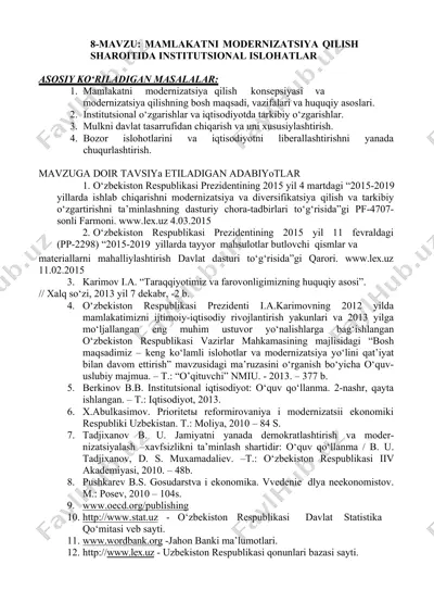 mamlakatni modernizatsiya qilish sharoitida institutsional islohatlar — DOCX