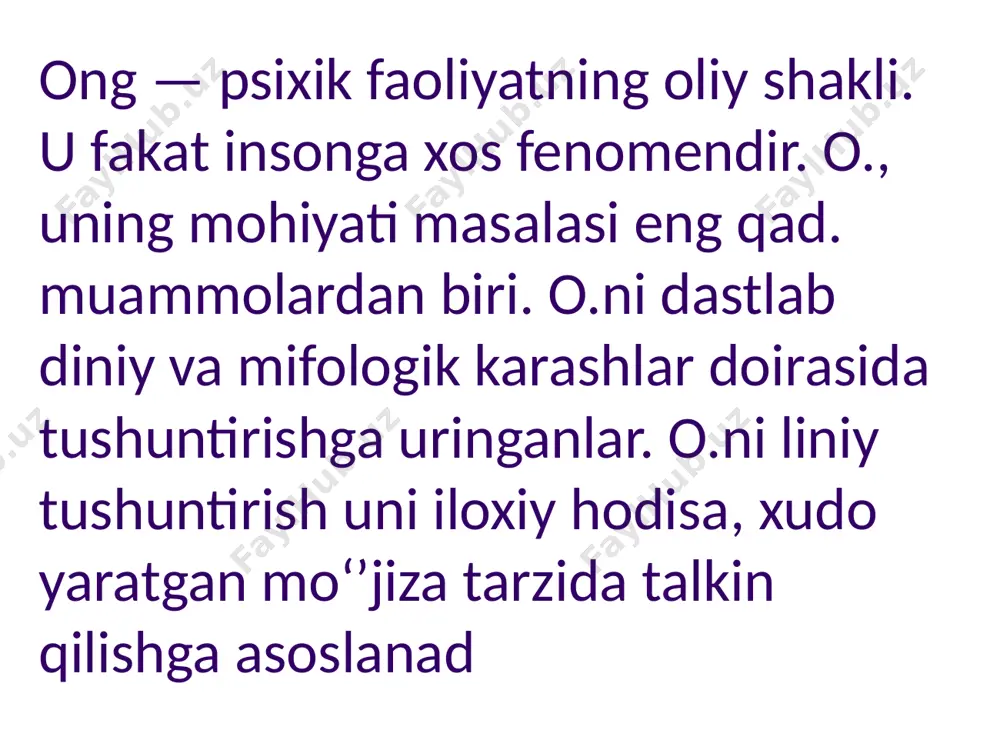 insonning inson boʻlib shakllana boshlashi tarixi bilan bogʻliqdir. inson ham biologik, ham ijtimoiy mavjudot ekan, demak, o. ham biologik va ijtimoiy taraqqiyot mahsulidir. o. insonning fikr va hislari, sezgilari, tasavvurlari, irodasi va karashlaridan tashkil topgan. oʻzoʻzini anglash, xotira, iroda, nutq o.ning asosiy jihatlaridir. hozirgi zamon fani o. materiyaninguzoq davom etgan evolyusiyasining natijasi ekanligini tan oladi. materiya, tabiat hamma vaqt mavjud boʻlib kelgan, inson esa moddiy dunyoning nisbatan soʻnggi taraqqiyotining mahsulidir. materiya taraqqiyoti, fikrlay oladigan insonning paydo boʻlishi uchun bir necha million yillar kerak boʻlgan. o. tabiat taraqqiyoti mahsuli, materiyaning xossasidir, barcha materiyaning emas, balki oliy darajada tashkil topgan materiyaning , yaʼni inson miya-sining mahsulidir. lekin o.ning boʻlishi uchun miyaning oʻzigina bulishi yetarli emas. o. insonni qurshab turgan tabiiy va ijtimoiy muhit bilan chambarchas bogʻlangan va shu muhitning taʼsirida faoliyat koʻrsata oladi. hozirgi zamonda murakkab ijodiy jarayonlarni ham amalga oshiruvchi elektron mashinalar yaratilgan, lekin ular o.ning oʻrnini bosa olmaydi, chunki o. …