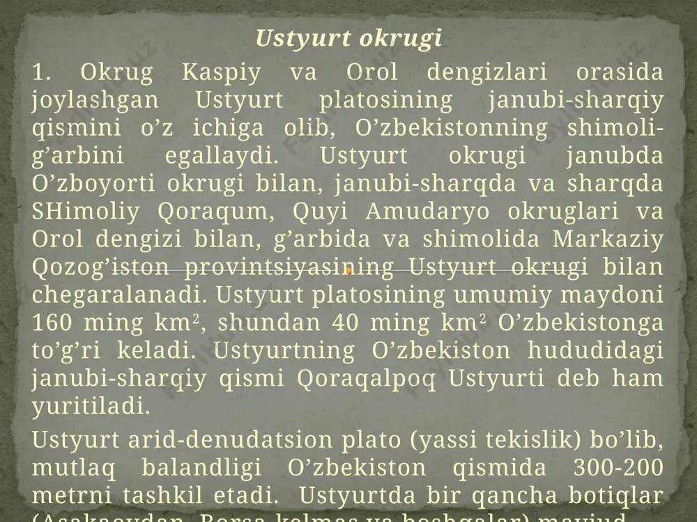 soblanadi. okrug iqlimi juda ham kontinental. uning iqlimiga xos xusuiyatlar – bu qishki havo haroratining o’zbekistonning boshqa tabiiy okruglariga nisbatan ancha past bo’lishi, haqiqiy qishning uzoq vaqt davom etishi (u o’rta hisobda 4 oy davom etadi), yozgi havo haroratining baland bo’lib, respublikaning boshqa okruglaridan kam farq qilishi, yog’in-sochinning kamligidir (faqat quyi amudaryo va qizilqum okruglaridagidan biroz ko’p). ustyurtda yillik yog’in-sochin miqdori fasllar bo’yicha deyarli bir tekis taqsimlangan. bu hol o’zbekistonning boshqa okruglarida kuzatilmaydi. ustyurtda qishki havo haroratining juda pastligi va qishni uzoq davom etganligi sababli o’simliklarning qishki vegetatsiyasi (rivojlanishi) kuzatilmaydi. okrugda qish sovuq, yanvarning o’rtacha harorati -6, -8,60, eng past havo harorati -36, -380 gacha tushadi. qish faslidagi manfiy haroratlar yig’indisi – 800–9000 ni tashkil etadi. bu ko’rsatkich qo’shni quyi amudaryo va qizilqum okruglarida ikki marta kam bo’lib, – 400– 4500 ni tashkil etadi. haqiqiy qish ustyurtda 118-130 kun davom etadi, yaxmalakli kunlar 10-11 gacha boradi. qo’ylarni qishda yaylovda boqish …