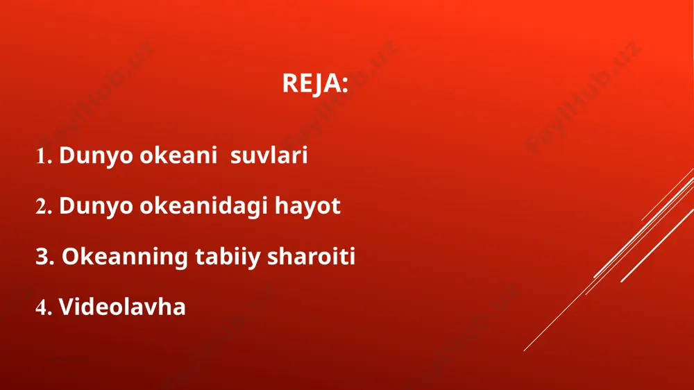 lar orollar yoyi chuqur cho‘kmalar hammasi chuqur kotlovinalar baladlik yoki ko‘tarilma hammasi shimoliy muz okeani 7.6 2.8 0.9 10.8 - - - - 3.3 1.1 4.4 0.5 5527 hind okeani 4.4 8.7 9.7 22.6 0.8 0.5 0.5 1.8 35.6 4.0 39.6 12.9 7209 atlantika okeani 9.3 7.7 12.5 29.5 1.3 3.0 0.5 4.8 29.4 4.6 34.0 22.3 8742 tinch okeani 9.7 5.4 3.1 18.2 3.9 16.2 3.9 24.0 91.4 25.4 116.8 19.6 11022 dunyo okeani 31.0 21.6 25.9 81.5 6.1 19.7 4.9 60.6 159.7 35.1 194.8 55.3 11022 dunyo okeani ostining asosiy geomorfologik elementlarini maydoni. (leontev va boshqalar, 1974 y) www.arxiv.uz 5 ma’lumki, materik va okean lojasi ostida ham yer qobig‘i bir xil tuzilishga ega emas. materiklar uchun harakterli bo‘lgan yer qobig‘ini tiplari materikni deb yurtiladi. materik qobig‘ining qalinligi o‘rtacha 35 km ga yaqin. u 3 ta qatlamdan iborat. yuqori qatlam cho‘kindili qatlam. undan pastda granitli qatlam bo‘lib, to‘lqinlarni tarqalish …
