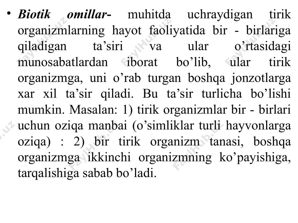 di; infraqizil nurlar evaziga amalga oshadi. 3) harakat. fototropizm, fotonastiya o’simliklarda kerakli yorug’lik bilan ta’minlash uchun. 4) hayvonlarda, fototaksis yorug’lik manba’iga intilish 5) fotoperiodizm - kunning o’zun-qisqaligiga o’simliklarning moslashishi. 6) moddalarning sintez qilinishi, pigmentatsiya ta’siri. o’simliklar tomonidan yil bo’yi qabul qilinadigan yorug’lik faqat yorug’lik tezligiga bog’liq bo’lmasdan, u kun uzunligiga ham bog’liq. kun uzunligi ekvatordan qutblarga qarab oshib boradi. o’simliklar qoplami uchun yil bo’yi qabul qilinadigan radiatsiya summasi emas, o’simliklar o’sish mavsumi davridagi yorug’lik miqdori ahamiyatiga ega. o’simliklar faqat bevosita to’g’ri tushadigan yorug’likdangina emas, tarqoq tushadigan yorug’likdan ham foydalanadi. to’g’ri tushadigan quyosh nuri ko’pincha o’simliklar uchun xavfli, chunki quyosh nuri kuchining ta’siri natijasida o’simliklar sitoplazmasi va xlorofili nobud bo’ladi. tarqoq holda tushadigan yorug’lik o’simliklar tomonidan to’la o’zlashtiriladi. u foydaliroq bo’lib, uning 50 - 60% fotosintez uchun muhim sariq -qizil nurlardan iboratdir. to’g’ri tushadigan yorug’likda bu xil nurlar miqdori 30 - 35% oshmaydi. 2. yorug’likka nisbatan o’simlik va hayvonlarning ekologik guruhlari. …