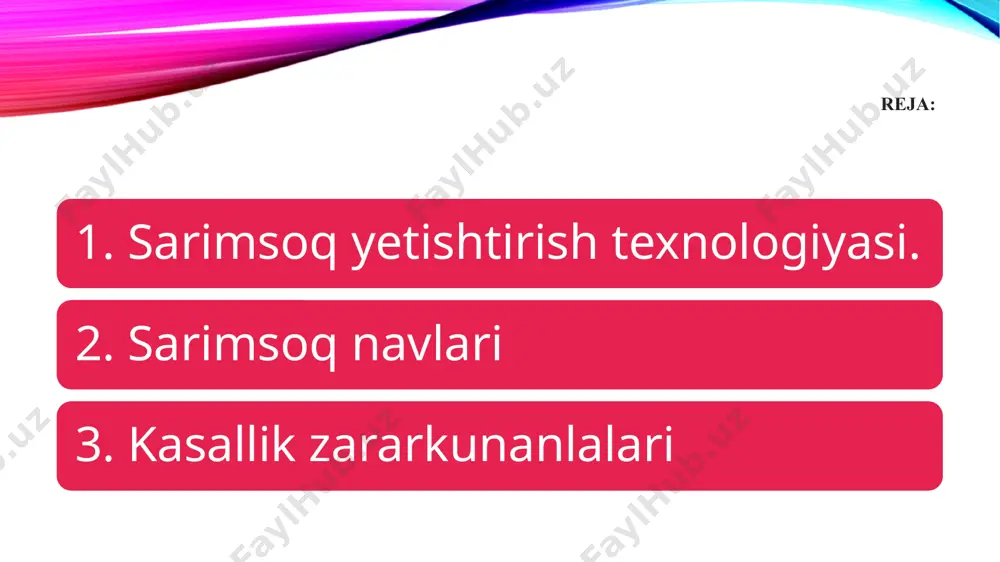 tripsi, kuzgi tunlam kabi zararkunandalarga qarshi kurashda 10 sotix miydonga karate 5% em.k. (40 ml), mospilan 20% n.kuk. (25–30 ml) preparatlari qo‘llaniladi. kasalliklardan soxta un shudring, ildiz chirish, mozaika, sarg‘ayish, bo‘g‘in chirish kasalliklariga qarshi urug‘larni qizdirish, kasallangan o‘simliklarni yo‘qotish, kasalliklariga qarshi 1 foizli bordo suyuqligi (mis sulfati bo‘yicha 6–8 kg/ga), topaz 10% em.k. (12,5–15 ml) yoki kurzat r n.kuk. (200–250 g) preparatlaridan birortasini 60 litr suvda aralashtirib purkash tavsiya qilinadi. hosilni yig‘ishtirish. sarimsoq hosilini iyun-iyul oylarida yig‘ishtirib olish kerak, aks holda uning pallalari bir biridan ajralib ketadi, hosil nobud bo‘ladi, tovarbopligi hamda saqlashga yaroqliligi pasayadi. hosil belkurak bilan yerdan ko‘tarilib, qo‘l bilan terib olinadi, keyin quritiladi. bargi va gulpoyasi bo‘g‘inidan 3–5 sm qoldirilib kesib tashlanadi, piyozlari mayda-yirikligiga qarab saralanadi. sarimsoq ekish uchun ajratilgan maydon birinchi ekindan bo‘shagandan so‘ng to‘yintirib sug‘oriladi. yer sug‘orilgach, 7-8 kun mobaynida barcha begona o‘tlar urug‘i unib chiqadi. keyin yerni pn–3-35 markali plug bilan 28-30 sm. chuqurlikda …