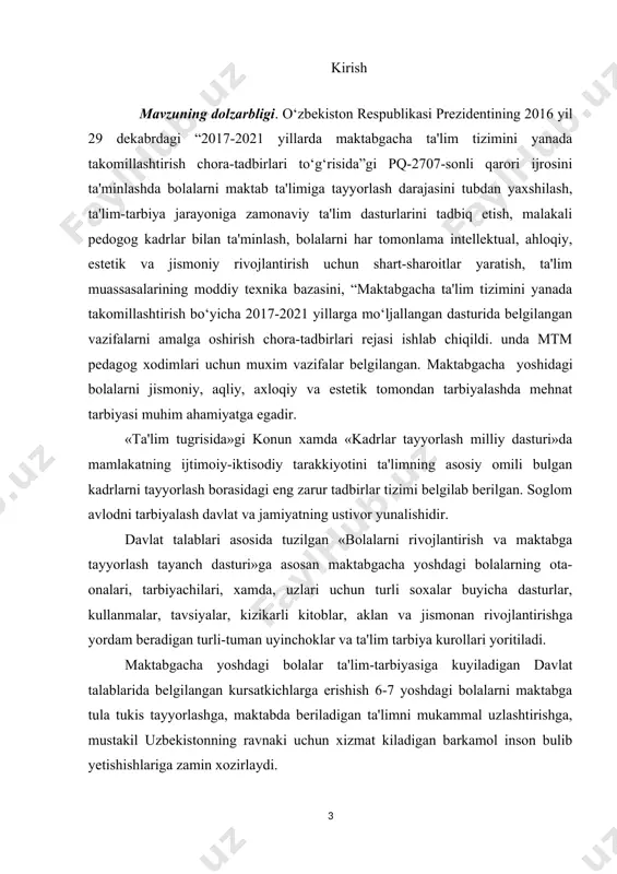 ish, pedagogik yo‘llarini aniqlash. kurs ishining vazifalari: 1. maktabgacha yoshdagi bolalarni maktab ta'limiga tayyorlash jarayonini kuzatish va taxlil kilish. 2. tahlil qilish, umumlashtirish asosida maktabgacha yoshdagi bolalarni maktab ta'limiga tayyorlashning masalasini muammo sifatida aniqlash. kurs ishining ob’ekti. ishning ob’ekti maktabgacha ta’lim muassasalari tarbiyalanuvchilarining kundalik faoliyatini tashkil etish jarayoni. kurs ishining predmeti. maktabgacha ta’lim muassasalarida kundalik jarayonni tashkil etish, innovatsion texnologiyalaridan foydalanish ishning asosiy predmetidir. kurs ishining metodlari. bolalar bilimlarini kengaytirishga yo‘naltirilgan, ishtirok etishga mo‘ljallangan interfaol usullar: • qisqa hikoya • tushuntirish • savol —javob • bilimlarni mustahkamlash uchun o‘yin kurs ishining tarkibiy tuzilishi. ushbu ish kirish, ikki bob, 1 bobda uchta, 2 bobda to’rtta qism, xulosa, foydalanilgan adabiyotlar ro‘yxatidan iborat. 1-bob. maktabgacha yoshdagi bolalarni maktabga ruhan tayyorlash 1.1. bolaning maktab ta'limiga tayyorligi tushunchasi. o‘zbekiston respublikasida maktabgacha ta'lim to‘g‘ri sidagi nizomga muvofiq bola maktabgacha ta'limni uyda, ota-onalarning mustakil ta'lim berishi orkali yoki doimiy faoliyat kursatadigan maktabgacha ta'lim muassasalarida, shuningdek maktabgacha ta'lim …