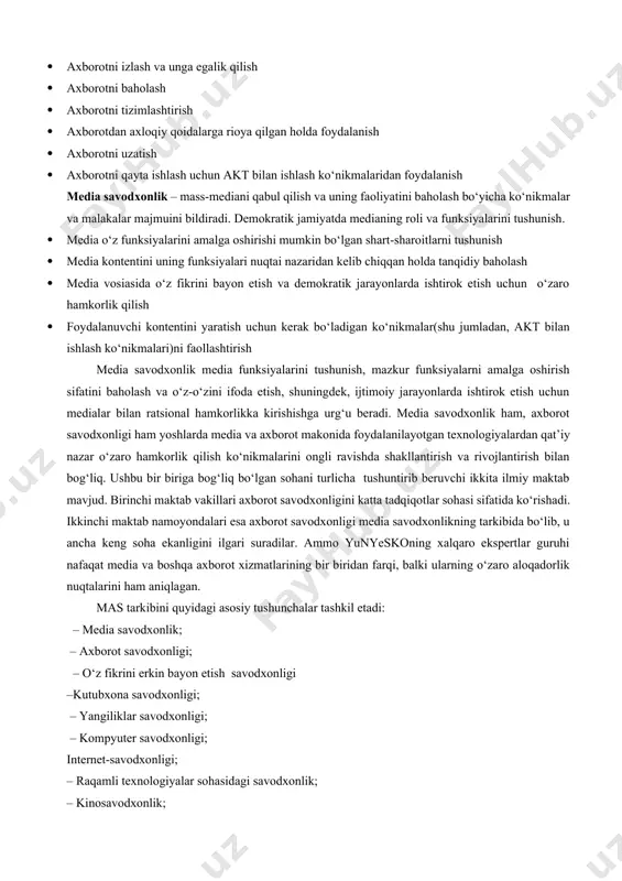 dqiqotchilar kreativlik (yaratuvchanlik, ijodkorlik) va innovatsiyalarni kiritmoqda. mazkur atamaga aynan shunday tavsif www.edu.jobsmarket.ru saytida keltirilgan. shu bilan birga boshqa manbalarda ham media istilohiga shu tarzdagi tavsiflar berilganini ko‘ramiz. «media - ommaviy axborot vositalari, ham keng, ham maxsus auditoriyaga mo‘ljallangan ko‘ngilochar takliflarni tavsiya etuvchi, yangilik, axborot va reklama axborotini tarqatishga yo‘naltirilgan ko‘p sonli va serqirra funksiyalarni amalga oshiruvchi kommunikatsiya kanallaridir». aksariyat hollarda mutaxassislar media atamasi o‘zagida aynan ushbu tavsifni ko‘radi. shunga qaramasdan, mazkur istilohning tor mazmuni ham mavjud. ayrim tadqiqotchilar mazkur atama mazmunida alohida axborot muhiti sifatida aynan oavni, boshqalari esa – aniq axborot tashuvchini nazarda tutadi. kommunikatsiya kanali sifatida medialar sirasiga mutaxassislar bosma nashrlar, elektron oav, shu jumladan internet, reklamaning tashqi vositalari va, xatto, pochta tarqatmasini, ya’ni, tovar yoki xizmatlar sotuvchisi va iste’molchi o‘rtasidagi hayotmamot zvenosi funksiyasini bajaruvchi barcha omillarni kiritadi” 2. axborot savodxonligi – axborotni tanlash, baholash, qayta ishlash va uzatish borasidagi ko‘nikmalar va malakalar majmuini bildiradi. ushbu majmuani …