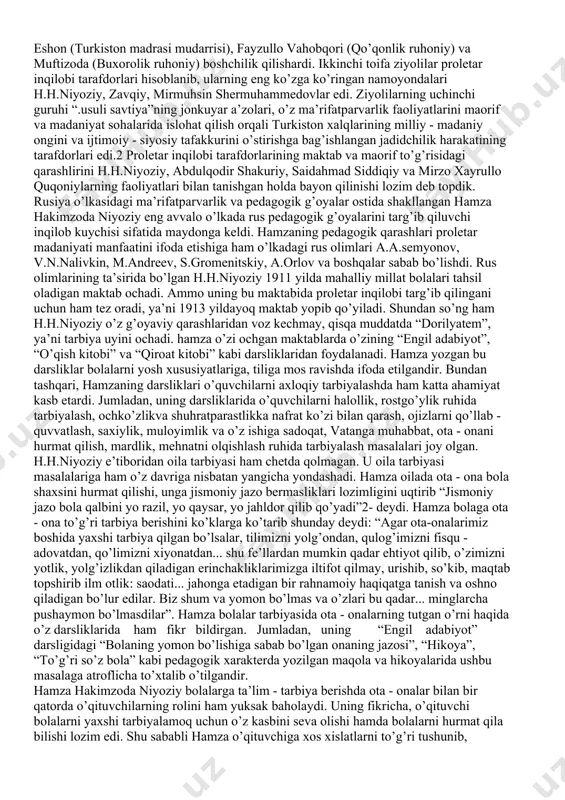 . bu darslikdagi materiallar bolalarning yoshlik xususiyatlariga moslashtirilgan bo’lib, unda tarbiyaviy holatlar ham ifoda etilgan. bu kitobdagi ko’p materiallar rus adiblarining bolalarbop asarlaridan tarjima qilgandir. jumladan, darslikda l.n.tolstoyning “bola va otasi”, a.i.krilovning “tulki va uzum”, m.oraqulovning “rus vatani”, m.grimenitskiyning “yolg’onchi cho’pon” kabi asarlari aynan tarjima qilingandir. shu bilan birga s.saidazizov o’z darsligida o’quvchilarni axloqiy jihatdan tarbiyalashga yordam beradigan ba’zi bir xalq maqollaridan ham o’rinli foydalangan. masalan “dunyoning yorug’ligi ilm birla”, “ilmsiz aql engsiz kiyim”, “ko’p bil, oz so’zla”, “o’ylamay so’zlagan og’rimay ulur”, “tilingni saqla, o’zingni chaqmasin”, “har kimni o’zidan ulug’ ko’rmoq lug’likka etkarur”, “kishi birovga xizmat qilsa, anga ham xizmat qilurlar”, “nodon qo’lida tillo tuproqdir” va hokazolar.2muallif darsligining bir bo’limida hatto qur’oni karim to’g’risida ham fikrlar bildirib o’tgan. rus - tuzem maktablari uchun o’zbek tilida yozilgan boshqa darsliklarga n.a.badinovning “sullami avval”, mulla rustambek ibn yusufbekning “ta’limi avval”, ali asqar qalininning “muallimi soniy”, mulla muhammadrasul rasuliyning “rahbari forsiy”, “bolalar bog’chasi” kabi …