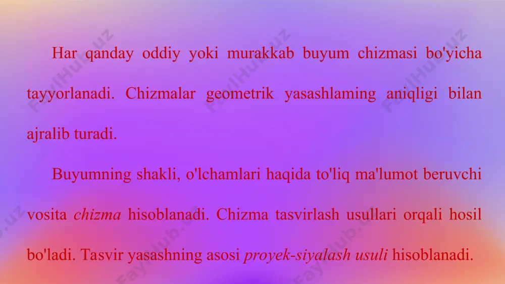 . chunki yoritgich markazi bu yerda cheksizlikda bo'lib, quyosh va oydan kelayotgan yoritish nurlari o'zaro parallel hisoblanadi. parallel proyeksiyalash, o'z navbatida, ikki xil ko'rinishda: qiyshiq burchakli va to'g'ri burchakli bo'ladi. 12.2-chizma. proyeksiyalash nuri s proyeksiyalar tekisligi h ga nisbatan o'tkir burchak ostida berilgan bo'lsa, unga parallel qilib shaklning abc nuqtalaridan yordam­chi proyeksiyalovchi nurlar o'tkaziladi. natijada bu nurlar h bilan kesishib, abc ning proyeksiyasi a'b'c qiyshiq burchakli proyeksiyasini hosil qiladi (12.2-chizma, a). agar proyeksiyalash nuri s proyeksiyalar tekisligi h ga nisbatan perpendikular, ya'ni to'g'ri burchakda berilgan bo'lsa, to'g'ri burchakli proyeksiyalash hosil bo'ladi (12.2-chizma, b). bu yerda abc - narsa, s - proyeksiyalash yo'nalishi, h - proyeksiyalar tekisligi, a'b'c- narsaning h dagi proyeksiyasi, aa', bb', cc - proyeksiyalash nurlari deyiladi. to'g'ri burchakli parallel proyeksiyalashni ortogonal (yunoncha orto -to'g'ri, gonal - burchak, ya'ni to'g'ri burchakli) proyeksiyalash ham deyiladi. endi markaziy va parallel (qiyshiq va to'g'ri burchakli) proyeksiyalarni o'zaro taqqoslab ko'ramiz. markaziy proyeksiyada narsaning …