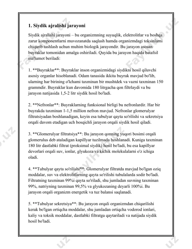 bo‘lib, ular o‘z navbatida qonni filtrlaydi va chiqindilarni yig‘ib, organizmdan chiqaradi. 2. **ekstraksiya va chiqarish**: nefronlarda ishlab chiqarilgan filtrat moddalari, masalan, keraksiz metabolitlar, ortiqcha tuzlar, va suv buyrak tubulalari orqali harakatlanadi va peshob shaklida tanadan chiqariladi. shu jarayon yordamida ortiqcha va zararli moddalar tanadan chiqariladi. 3. **vazidintartibga solish**: buyraklar organizmda suyuqlikning kerakli darajada ushlab turilishida muhim o‘rin egallaydi. ular suv balansini saqlash orqali qon bosimini tartibga solishda hizmat qiladi. bu jarayon natijasida ortiqcha suv peshob shaklida chiqib ketadi va kerakli miqdorda suv organizmda saqlanib qoladi. 4. **elektrolitlar balansini tartibga solish**: buyraklar natriy, kaliy, kaltsiy va fosfat kabi elektrolitlar miqdorini muvozanatda ushlab turadi. bu elektrolitlar organizmning turli fiziologik jarayonlarida ishtirok etadi, masalan, nerv va muskul to‘qimalarining faoliyati uchun juda muhimdir. 5. **kislotali-ishqoriy muvozanatni saqlash**: buyraklar qonni kerakli ph muvozanatda ushlab turishda ham muhim rol o‘ynaydi. ular qonda ortiqcha kislotalarni siydik orqali chiqarib yoki zarur miqdorda bikarbonatni chiqarib haroratni saqlaydi. 6. **qonni …