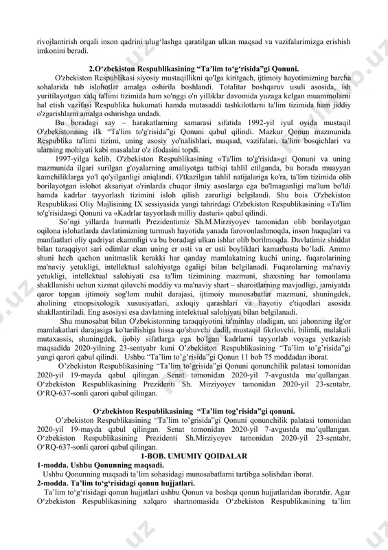 ni butun dunyoga ko‘rsata oldi. o‘z navbatida, yangi o‘zbekiston tarraqqiyot strategiyasi ushbu muhim taraqqiypravar jarayon uzluksiz davom etayotganidan dalolat beradi. bugungi kunda xalqaro hamjamiyat tomonidan taraqqiyot huquqi to‘g‘risidagi konvensiya loyihasi ishlab chiqilyapti. qolaversa, 35 yildan buyon taraqqiyot huquqi to‘g‘risidagi deklaratsiya amal qilmoqda. shu ma’noda, o‘zbekiston prezidenti taqdim etayotgan taraqqiyot strategiyasi xalqaro hamjamiyatning rivojlanish tendensiyalariga, butun dunyoning taraqqiyot trendlariga to‘la mos keladi. shuni ham aytish joizki, o‘zbekiston respublikasi oliy majlisi palatalarining qo‘shma qarori bilan barqaror taraqqiyot maqsadlarini amalga oshirish bo‘yicha konstitutsiyaviy parlament komissiyasi tuzilgan. parlament komissiyasi barqaror taraqqiyot maqsadlari ijro etilishini parlament nazorati yo‘li bilan ta’minlamoqda. binobarin, taraqqiyot strategiyasini amalda tatbiq etishda ham parlamentning roliga alohida e’tibor qaratilayotgani juda muhim. jamoatchilik muhokamalari yakunlari bo‘yicha kelib tushgan taklif va tavsiyalar asosida maromiga yetkazilganidan so‘ng davlatimiz rahbari tomonidan imzolanishi kutilayotgan “yangi o‘zbekistonning 2022-2026 yillarga mo‘ljallangan taraqqiyot strategiyasi to‘g‘risida”gi farmon asosida: - birinchidan, yangi o‘zbekistonning 2022-2026 yillarga mo‘ljallangan taraqqiyot strategiyasi; - ikkinchidan, yangi o‘zbekistonning …