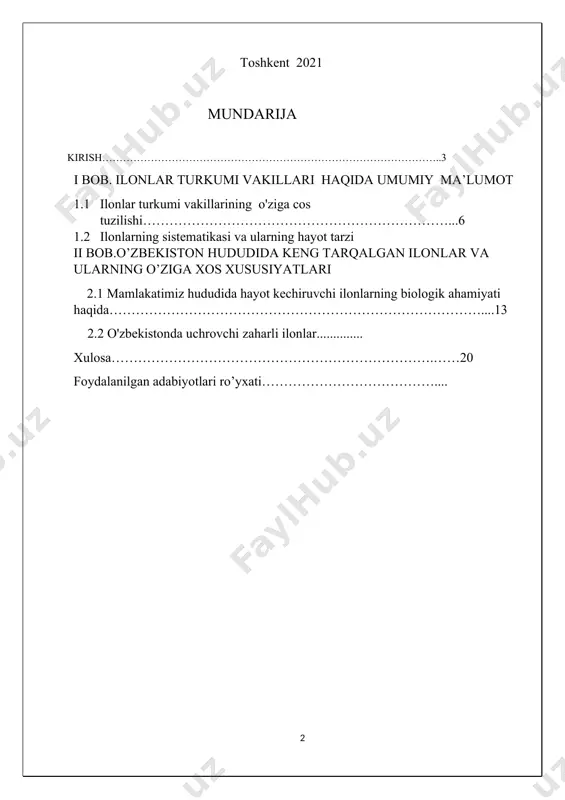 amayib ketishi esa ba’zi organizmlar sonining oshib ketishiga olib keladi. bundan tashqari dori vositalari yetishmasligi aholi soniga keskin ta’sir etadi va kasalliklarga qarshi vaksinalarning kamayishiga sabab bo’ladi. ilonlardan olinadigan zahar tarkibining murakkab tarkibga ega ekanligiga va ulardan boshqa birikmalar olishda qo’llash mumkinligi o’rganilayotgan mavzuning dolzarb va qiziqarli ekanligini ko’rsatib beradi. ilonlar bir-biridan hajmi, shakli, teri rangi va yashash muhiti bilan ajralib turadigan g'ayrioddiy jonzotlardir. ilonlarning noyob tana tuzilishi qiziqarli turmush tarsi va xarakteri ularni tadqiqot uchun yorqin ob'ektga aylantiradi. kurs ishining maqsadi: o’zbekiston hududida ilonlarning tarqalishini o’rganish. o’zbekistonda tarqalgan zaharli ilonlarning biolagiyasi bilan yaqindan tanishish. zaharli ilonlardan olinadigan dori vositalarining xalq tabobatida tutgan o’rni va foydali bo’lgan zaharli ilon turlarini muhofaza qilish. kurs ishini vazifasi: · mavzuga oid adabiyot manbalari bilan ishlash: · o’zbekistonda ilonlarning tarqalishi va ularning foydali xususiyatlari haqida ma’lumot to’plash: · zaharli ilonlarning geografik tarqalishi va ularning biologiyasini o’rganish, xalq tabobatidagi o’rni borasida oborilgan ishlar bilan tanishish: …