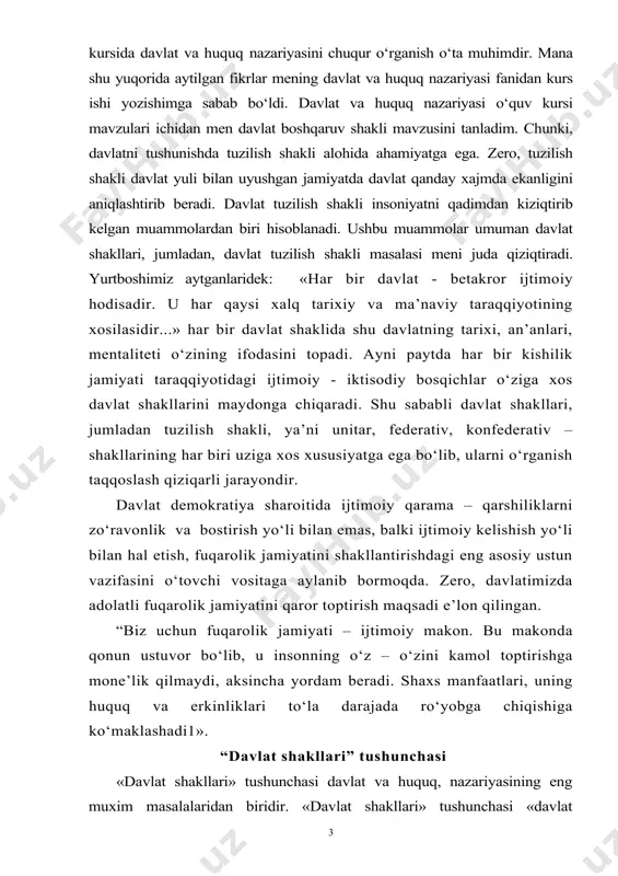 ni kamol toptirishga mone’lik qilmaydi, aksincha yordam beradi. shaxs manfaatlari, uning huquq va erkinliklari to‘la darajada ro‘yobga chiqishiga ko‘maklashadi1». “davlat shakllari” tushunchasi «davlat shakllari» tushunchasi davlat va huquq, nazariyasining eng muxim masalalaridan biridir. «davlat shakllari» tushunchasi «davlat moxiyati» tushunchasi bilan bevosita bog‘liq. davlat shakli murakkab ijtimoiy hodisa bulgan davlat moxiyatini bilishda muhim ahamiyatga ega. davlat shakli uning mazmun-mohiyati bilan ajralmas. har kanday davlat shakli uzining mazmuni bilan «juft» falsafiy kategoriyalardek boglanib ketgan. mazmun davlat hokimiyatining, subyektining taalluqliligini belgilash imkonini beradi va uni kim amalga oshiradi, degan savolga javob qiladi. shaklni tushunish esa davlat hokimiyati qanday uyushtirilganligi, qaysi idoralar orkali namoyon bulishi, ushbu idoralarning tashkil etilish tartibi kanday bulishi, ulardagi vakolatlarning muhlati, davlat hokimiyatini amalga oshirish usullarini tushunishga yordam beradi. davlat jamiyatning maxsus tarkibiy hududiy tashkiloti sifatida kanday muayyan shakllarda namoyon buladi? davlat har xil shakllarga ega bulishi mumkin. huquqiy adabiyotlarda davlat shakli tushunchasiga turlicha ta’rif beriladi.. ba’zi huquqshunoslar davlat shakli …
