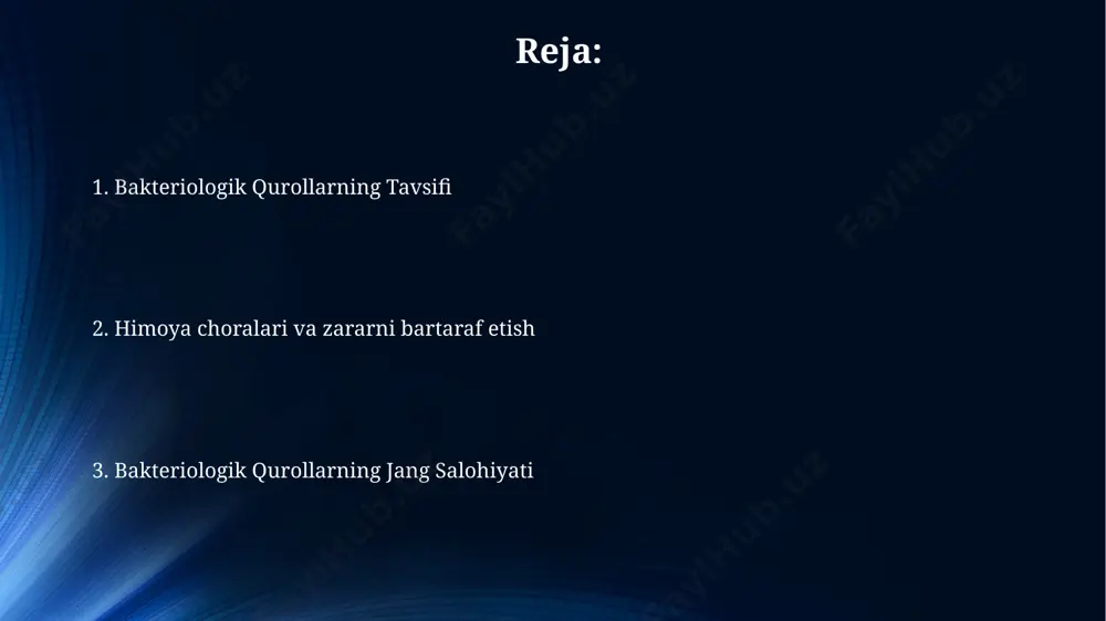 tizimini zaiflashtirib, ikkilamchi infektsiyalarga moyilligini 3-4 baravar oshiradi. bakterial qurollar odam organizmiga yuqori darajadagi patogen bakteriyalarni kiritib, 50% gacha o'limga olib kelishi mumkin, bu esa katta miqyosdagi epidemiyalarni keltirib chiqarishi mumkin. bakteriologik qurollardan himoya choralari инфекция манбаи билан алоқани чеклаш учун карантин чоралари, хусусан, 14 кунлик изоляция режими ва шахсий ҳимоя воситаларидан (респираторлар, ниқоблар) фойдаланиш бактериологик таҳдиддан ҳимояланишда самаралидир. ҳаво, сув ва озиқ-овқат маҳсулотларининг зарарсизлантирилиши бактериологик қуроллардан ҳимояланишдаги муҳим омил бўлиб, бунда 100% самарадорликка эришиш учун турли методларни (физик, кимёвий) қўллаш зарур. ekologik ta'siri bioterrorizm natijasida yuzaga keladigan kasalliklarning tarqalishi tabiiy yashash muhitining o'zgarishiga, shu jumladan, suv va tuproqning ifloslanishiga olib keladi, bu esa o'simlik va hayvonot dunyosiga salbiy ta'sir ko'rsatadi. ba'zi bakteriyalar, masalan, brusellalar, 100 000 ga yaqin hujayra bilan infektsiyani keltirib chiqarishi mumkin, bu esa keng ko'lamli ekologik buzilishga olib keladi. bioxavfsizlik choralari биохавфсизлик чоралари 3-даражали лабораторияларда юқумли касаллик қўзғатувчилари билан ишлашда ҳимоя кийимлари, ҳаво филтрация тизимлари ва …