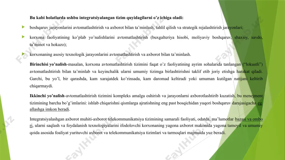 ldin, ularning asosiy turlarini yaratish va tashkil qilish prinsi plarining umumiy tasavvuriga ega bo‘lish kerak. aij deganda, rahbar, mutaxassis yoki xizmat ko‘rsatuvchi xodimlarning vazifasini almashtirish emas, balki ularning faoliyatiga yordam berish, ya’ni ularga qulay ish sharoiti yaratish tushuniladi. hozirgi davrda barcha aij asosida beshta texnologik tizimcha ta’minoti mavjud: ish faoliyatini ta’minlovchi; kasbiy faoliyatni ta’minlovchi; qarorlar qabul qilish; qo‘lda bajariladigan ishlar; kommunikatsiya. bu tizimchalarning (jumladan, aijning) axborot ta’minoti quyidagicha: tezkor faoliyat ish to‘plami; elektron taqvim; elektron haftalik; elektron yozuv daftarchasi; shaxsiy arxiv; topshiriqlar kartotekasi; turli axborot — ma’lumotnomali tizimlar, tahliliy kartotekalar, ekran grafikasi vositalaridan iborat axborotlarni izlash va tahlil qilish vositalari; iqtisodiy-matematik modellar, elektron jadvallar, qarorlar qabul qilish modellaridan iborat boshqaruv va iqtisodiy jarayonlarni modellashtirish vositalari; bilimlar bazasidan iborat ekspert tizimlari; turli mantiqiy-hisoblash masalalarini yechish vositasi; matnli va rasmiy axborotlarni qayta ishlash vositasi. barcha axborot ta’minotini bir joyga to‘plash qimmat va maqsadga muvofiq emas. shuning uchun ma’lum bir aij funksional yo‘naltiriladi. …