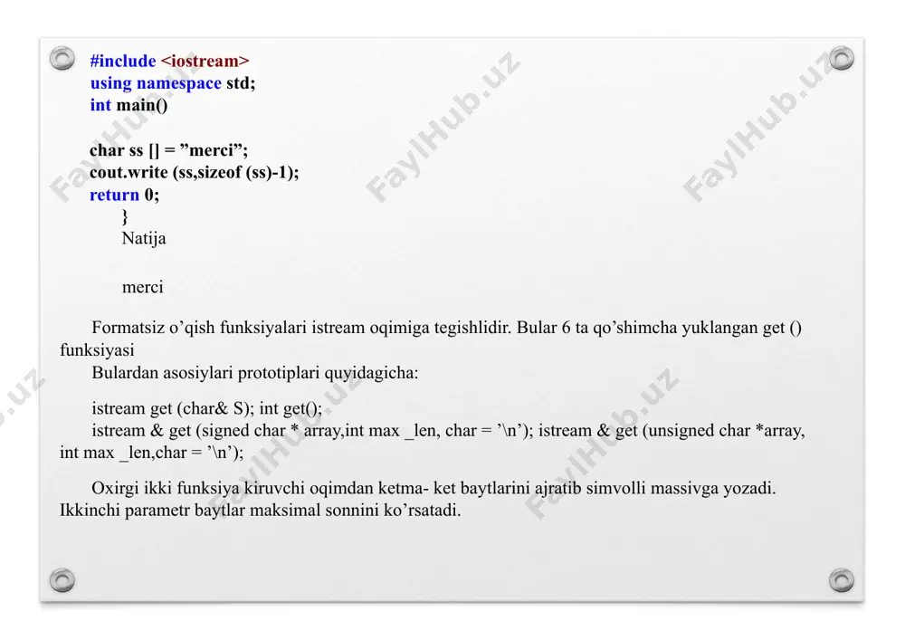 ishlatiladi: int width(); int width(int); int precision(); int precision(int); char fill(); char fill(char); agar bir marta cout.fill, yordamida to’ldiruvchi-belgi tanlansa cout.fill qayta chaqirilib o’zgarmaguncha haqiqiy bo’lib qoladi. manipulyatorlar. manipulyatorlar - oqim ishini modifikasiyalashini imkon etuvchi maxsus funksiyalar. manipulyatorlarning xususiyati shundaki, ularni >> yoki talab etiladi; setfill(ch) ch simvol bilan bo’sh joyni to’ldirish; setprecision n) n ga teng bo’lgan suzuvchi nuqtali sonni chiqarish aniqligini o’rnatish; setw(w) w ga teng bo’lgan kiritish yoki chiqarish maydonining enini o’rnatish; setbase(b) b asosiga ega bo’lgan butun sonlarning chiqarish; b qiymatlari 0,8,10 yoki 16 bo’lishi mumkin resetiosflags(long l) l parametrining bitli qiymati asosida oqimlar bayroqlarini tozalaydi; setiosflags(long l) l parametrining bitli qiymati asosida oqimlar holatlari bayroqlarini o’rnatadi. misol: funksiya-komponenta cout.fill va manipulyator setw () #include using namespace std; int main() { cout int main() { ofstream book_file(”bookinfo.dat”); book_file #include using namespace std; int main() { ifstream input_file(”book[nfo.dat”) ; char one[64], two[64], three[64]; input_file >> one; input_file …