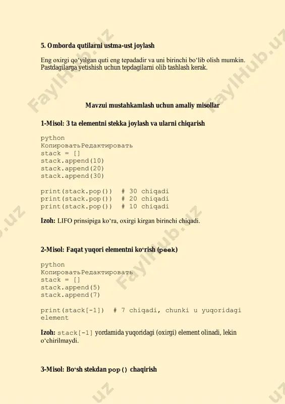 stack, navbat va deklarni massiv yordamida tasvirlash va ular ustida amal bajarish algoritmlari - Page 5