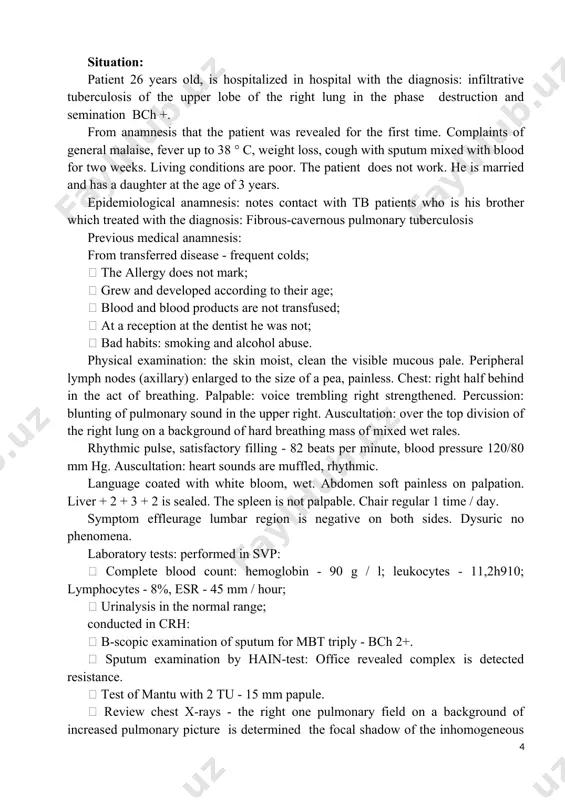 cts are not transfused;  at a reception at the dentist he was not;  bad habits: smoking and alcohol abuse. physical examination: the skin moist, clean the visible mucous pale. peripheral lymph nodes (axillary) enlarged to the size of a pea, painless. chest: right half behind in the act of breathing. palpable: voice trembling right strengthened. percussion: blunting of pulmonary sound in the upper right. auscultation: over the top division of the right lung on a background of hard breathing mass of mixed wet rales. rhythmic pulse, satisfactory filling - 82 beats per minute, blood pressure 120/80 mm hg. auscultation: heart sounds are muffled, rhythmic. language coated with white bloom, wet. abdomen soft painless on palpation. liver + 2 + 3 + 2 is sealed. the spleen is not palpable. chair regular 1 time / day. symptom effleurage lumbar region is negative on both sides. dysuric no phenomena. laboratory …