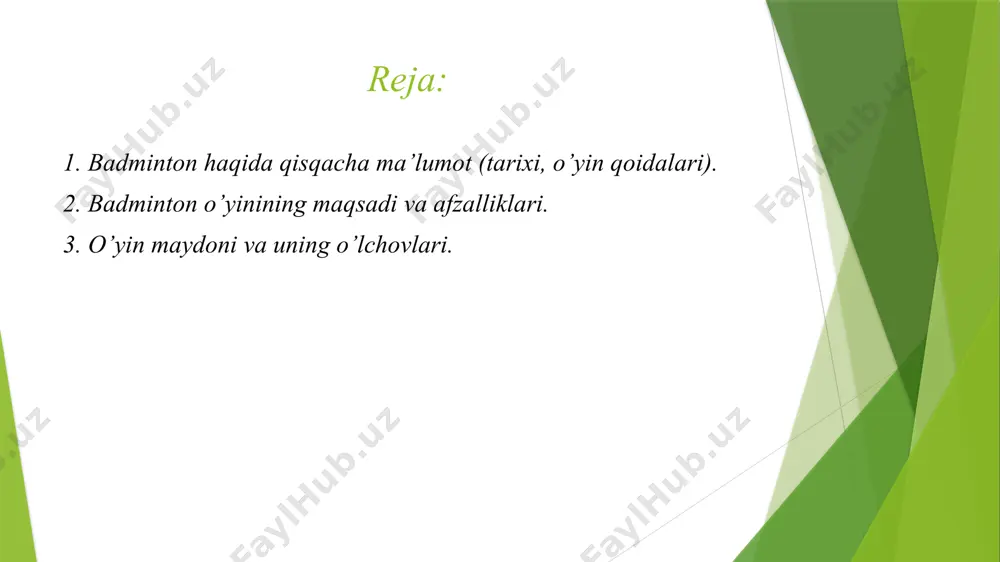 5.18 metr). 2. o'yin davomiyligi: o'yin 21 ballgacha o'ynaladi. har bir setda o'yinchilar 2 setgacha o'ynashadi. 3. ball olish: har bir xizmatdan so'ng, agar raqib shuttlecockni qaytara olmasa, ball beriladi. agar xizmat beruvchi o'yinchi xato qilsa, raqibga xizmat berish huquqi o'tadi. 4. xizmat: xizmat pastdan berilishi kerak va shuttlecock raqib maydonining xizmat qabul qilish zonasiga tushishi lozim. 5. o'yin tartibi: o'yinchilar navbatma-navbat shuttlecockni urishlari kerak va to'p yerga tushmasligi uchun harakat qilishlari zarur. badminton o'yinining maqsadi: badminton o'yinining asosiy maqsadi shuttlecockni raqib maydoniga urishdir. o'yinchilar yoki jamoalar raqibning maydoniga to'pni tushirish orqali ball to'plashga harakat qilishadi. o'yin davomida o'z strategiyalari, tezligi va texnik ko'nikmalaridan foydalangan holda raqibni yengish maqsad qilinadi. badminton o'yinining afzalliklari: 1. jismoniy faoliyat: badminton jismoniy tayyorgarlikni oshiradi, kuch, chidamlilik, tezlik va muvozanatni yaxshilaydi. 2. kardio sog'liq: o'yin yurak-qon tomir tizimini mustahkamlashga yordam beradi, qon aylanishini yaxshilaydi va yurak sog'ligini qo'llab-quvvatlaydi. 3. muvozanat va koordinatsiya: shuttlecockni urish va …