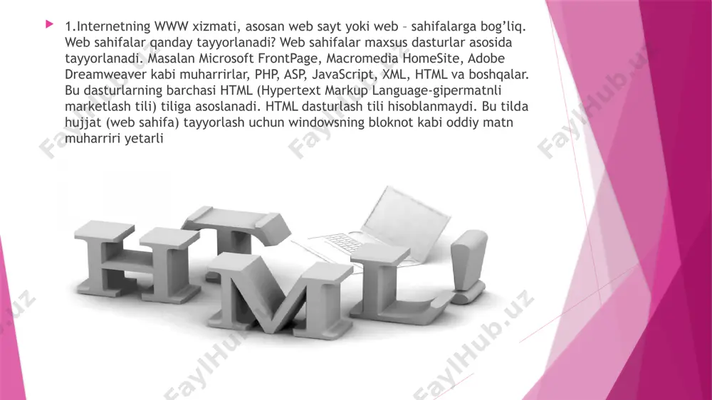 ujjatning yozuv tilini aniqlaydi. masalan: ... - matnni to’q qalin shrift bilan tasvirlaydi masalan bir, ikki, uch 4.basefont – hujjatda qabul qilingan shriftning o’lchami, turi va rangini ko’rsatish uchun ishlatiladi. shrift o’lchami 1-7gacha bo’ladi, agar ta’kidlanmasa avtomatik tarzda 3 o’lchovi tanlanadi. ( ) 5.bgsound sahifa foniga ovoz ulash *.mid, *.wav, *.au turdagi ovozli fayllarni qabul qiladi scr-orqali ovozli fayl joylashgan joy ko’rsatiladi. loop- fonli ovozning takrorlanish soni ko’rsatiladi. «-1 » qiymati yoki «infinite» ni tanlash orqali cheksiz qilib qo’yish mumkin katta o’lchamli matn 6.body ... - web sahifani to’ldiruvchi matn, asosiy ma’lumotlar ushbu teglar orasiga kiritiladi backround-fon tasviri yoki rasmning manzilini ko’rsatadi. (masalan text — matnning asosiy rangi. masalan: link — gipermurojaatli matn rangi. masalan: vlink — gipermurojaatli matn tanlangandan keyingi rangi; masalan: alink — joriy gipermurojaat rangi, kursor yordamida tanlangan paytda shu rang ko'rinadi. masalan: 7. br satrni avtomatik bo'lib, keyingi satrga o'tkazish. 8. dd matn chap chegara bo'yicha …