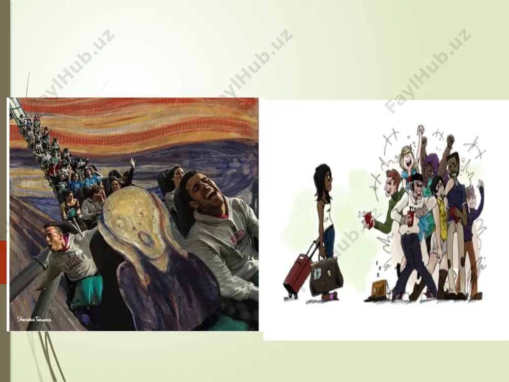 dagi kabi eyforiyani boshqa topa olmaysiz, ammo sizda endi kuchli tegishlilik hissi paydo bo’ladi va eng muhimi o’zingizni yangi muhitda ham uydagidek his etasiz. 8 5. takroriy shok bu yerda 5-bosqich ham bo’lishi mumkin ekanligini esda tutish lozim. bu holat “takroriy madaniy shok” deb atalib, uzoq muddat chet elda yashab avvalgi uyingizga qaytganingizda kechishi mumkin. hozir ko’rib turganlaringiz ketishingizdagi holatidan juda katta farq qilishini anglaysiz, oilangiz, do’stlaringiz kabilarga tegishlilik his eta olmaysiz va tug’ilib o’sgan shahringiz sizsiz qanchalik o’zgarganini ko’rasiz. yaqindagina shakllantirgan hayot tarzingiz va odatlaringiz o’z ona yurtingizda ish bermasligi ko’ngligizni g’ashlaydi. yana o’sha o’rganish, moslashish kabi bosqichlardan iborat butun boshli jarayonni qaytadan boshlashingizga to’g’ri keladi! 9 10 11 image1.jpeg image2.jpeg image3.jpeg image4.jpeg