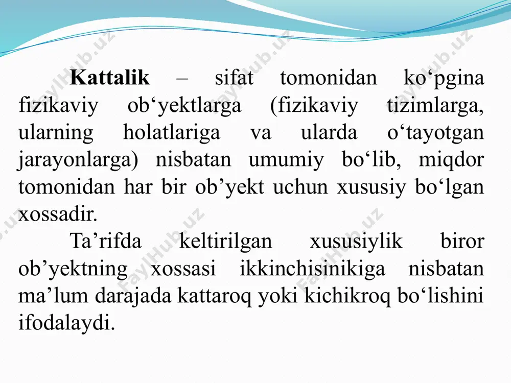 laniladi. fizikaviy kattalikning haqiqiy qiymati deb, tajriba orqali topilib, chinakam qiymatga juda yaqin bo‘lgan va berilgan maqsad uchun uning o‘rnida qo‘llaniladigan fizikaviy kattalikning qiymatiga aytiladi. fizikaviy kattalikning chinakam qiymati joylashgan qandaydir doira (interval) chegaralarini berilgan ishonchlilikda o‘rnatish mumkin. metrik tizim, uning vujudga kelishi 1791 yilda fransiya milliy majlisi tomonidan o‘lchovlarning metrik tizimi qabul qilingan edi. bu fizikaviy kattaliklarning birinchi birliklari tizimi edi. tarkibiga uzunlik, maydon, hajm, sig‘imlilik va massa birliklari kiritilib, asosiylari ikkita birlik: metr va kilogramm edi. 1832 yilda fizikaviy kattaliklar birliklarini asosiy va hosilaviy birliklar to‘plami sifatida birinchi marotaba gauss taklif etdi. unda asosiylari etib quyidagi birliklar kiritilgan edi: uzunlik – millimetr; massa – kilogramm; vaqt – sekund. qolgan barcha birliklar shu uchta asosiy birliklar yordamida topilar edi. gauss tizimi prinsipida keyinchalik ko‘p birliklar tizimlari ishlab chiqildi. bular fan va texnikaning turli sohalarida qo‘llanildi. oldingi adabiyotlarda va ma’lumotnomalarda keltirilgan texnik hisobotlardan foydalanish imkoniyati tug‘ilishi uchun muhandis – texnik …